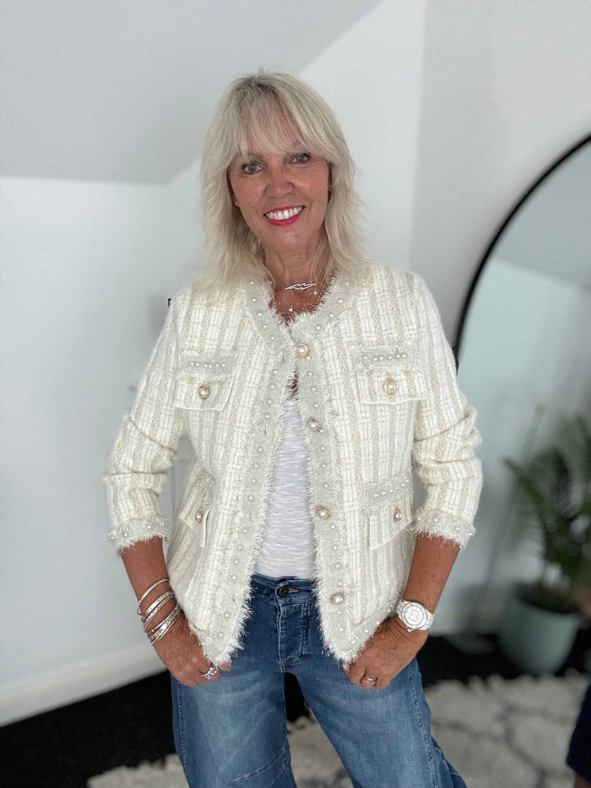 Pearl Button & Tweed Cardi Jacket in Ivory & Gold