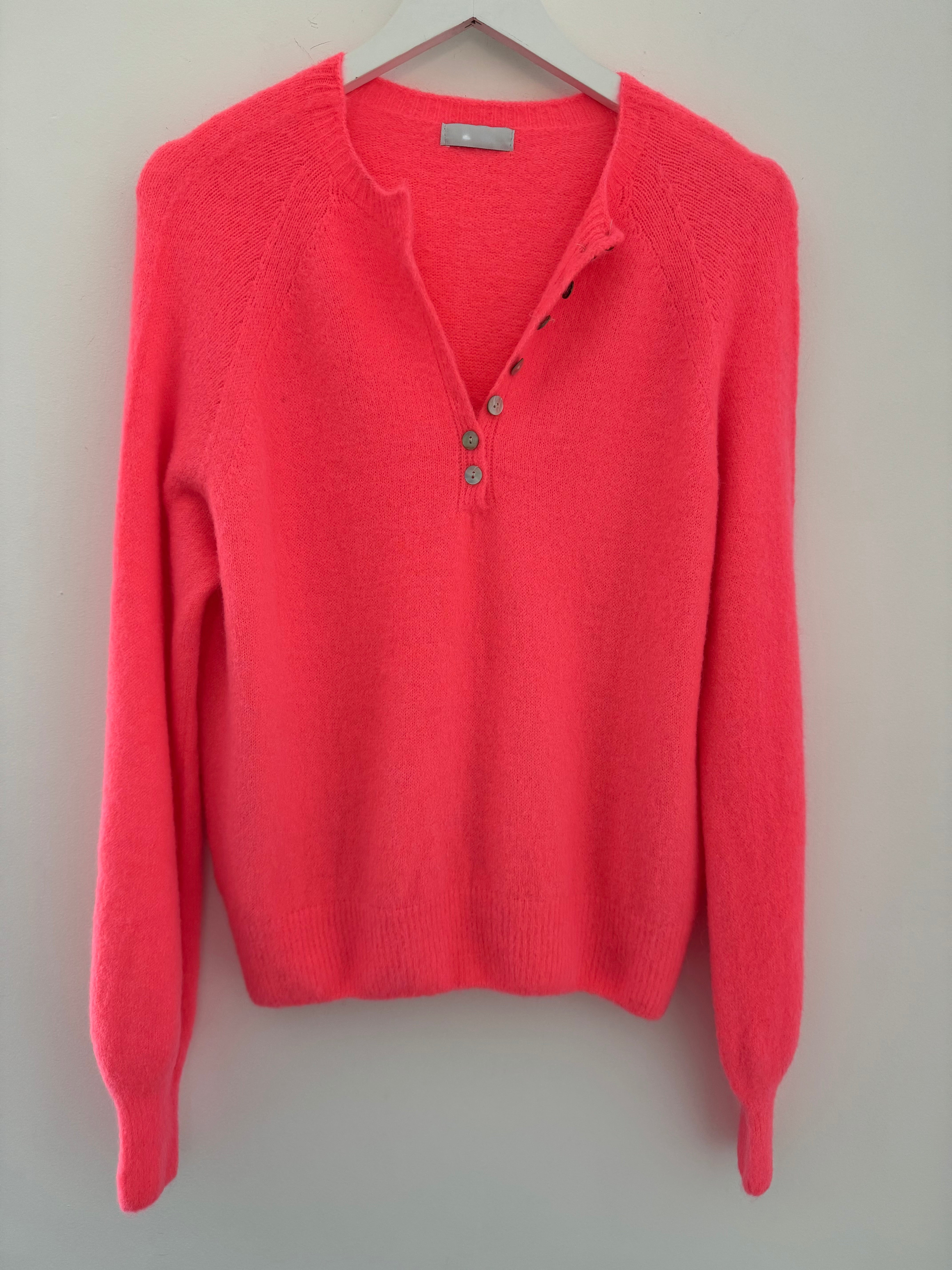 Softie Jumper with Button Neck in Neon Coral