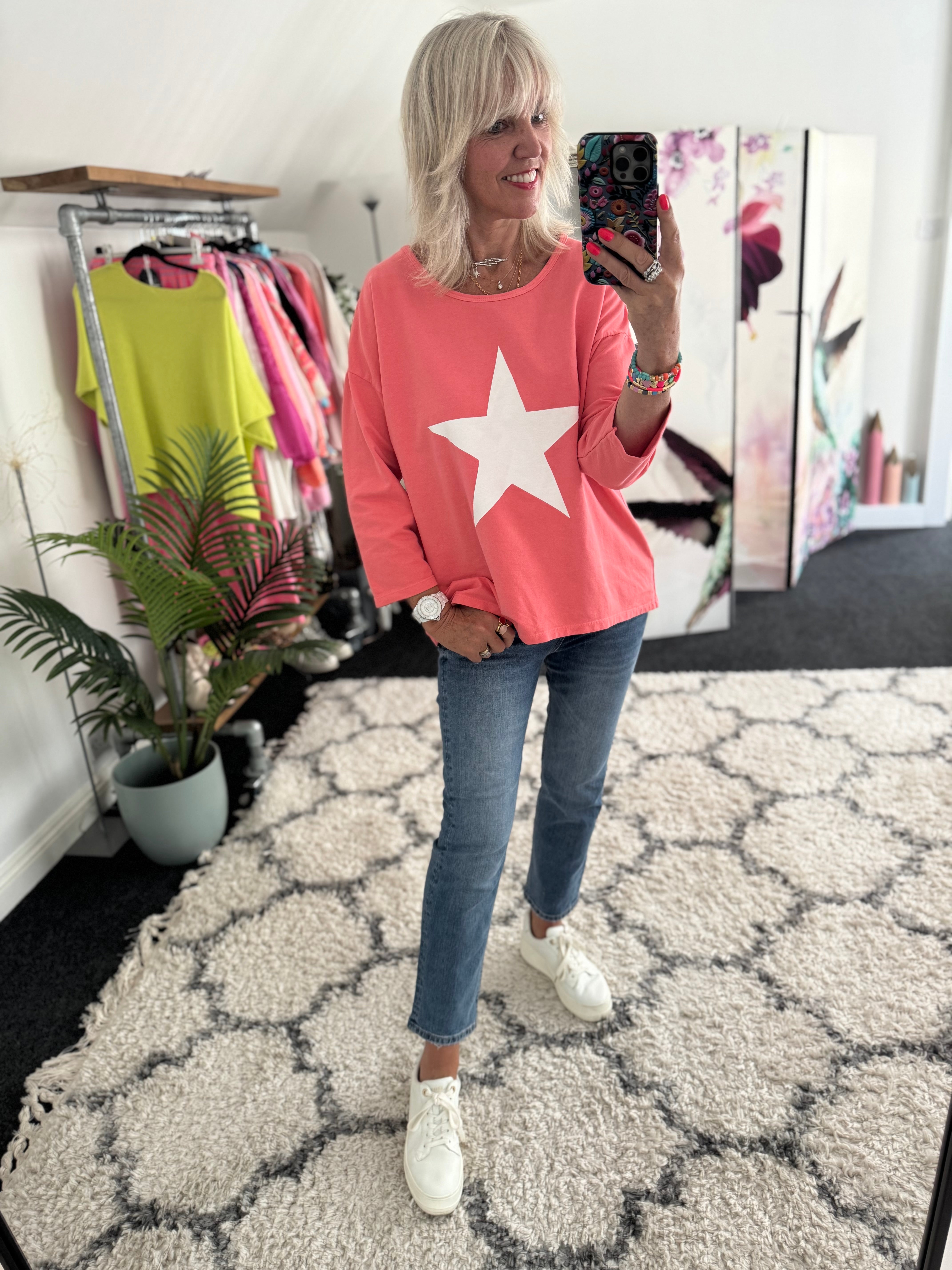 Scoop Neck Cotton Star Top in Coral