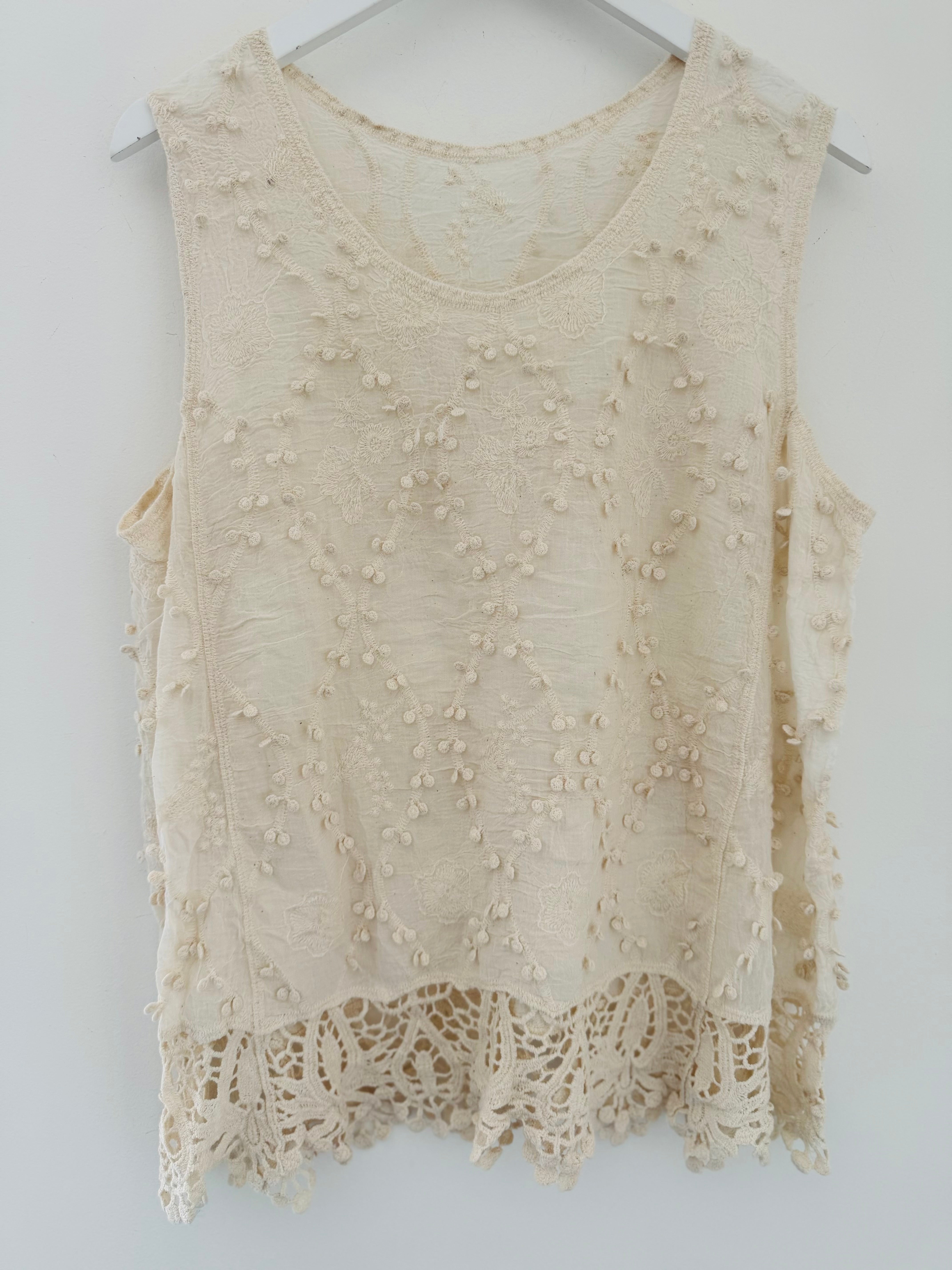 Embroidered Cotton Vest in Ecru