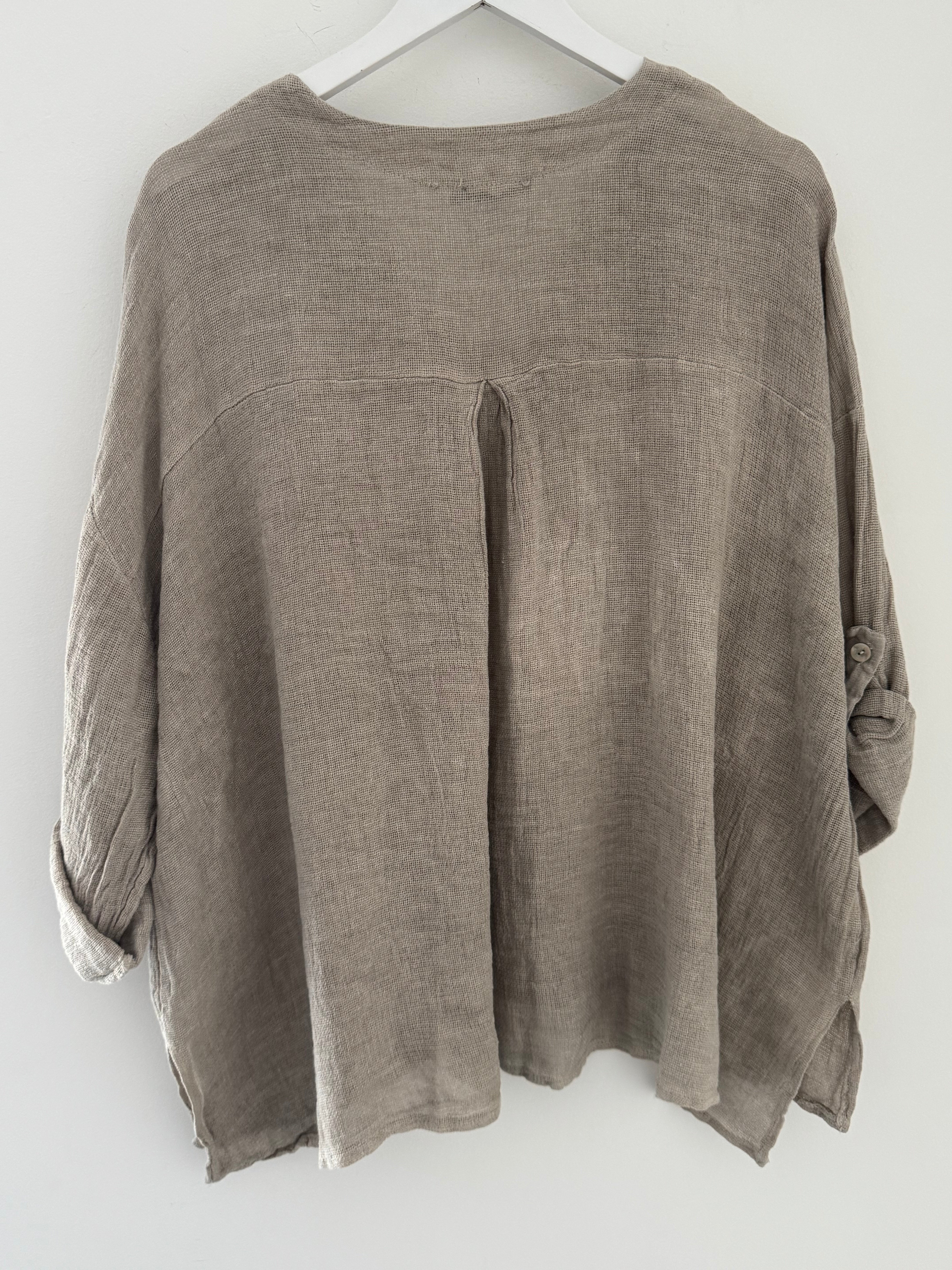 Oversized Linen & Cotton Pocket Top in Light Mocha
