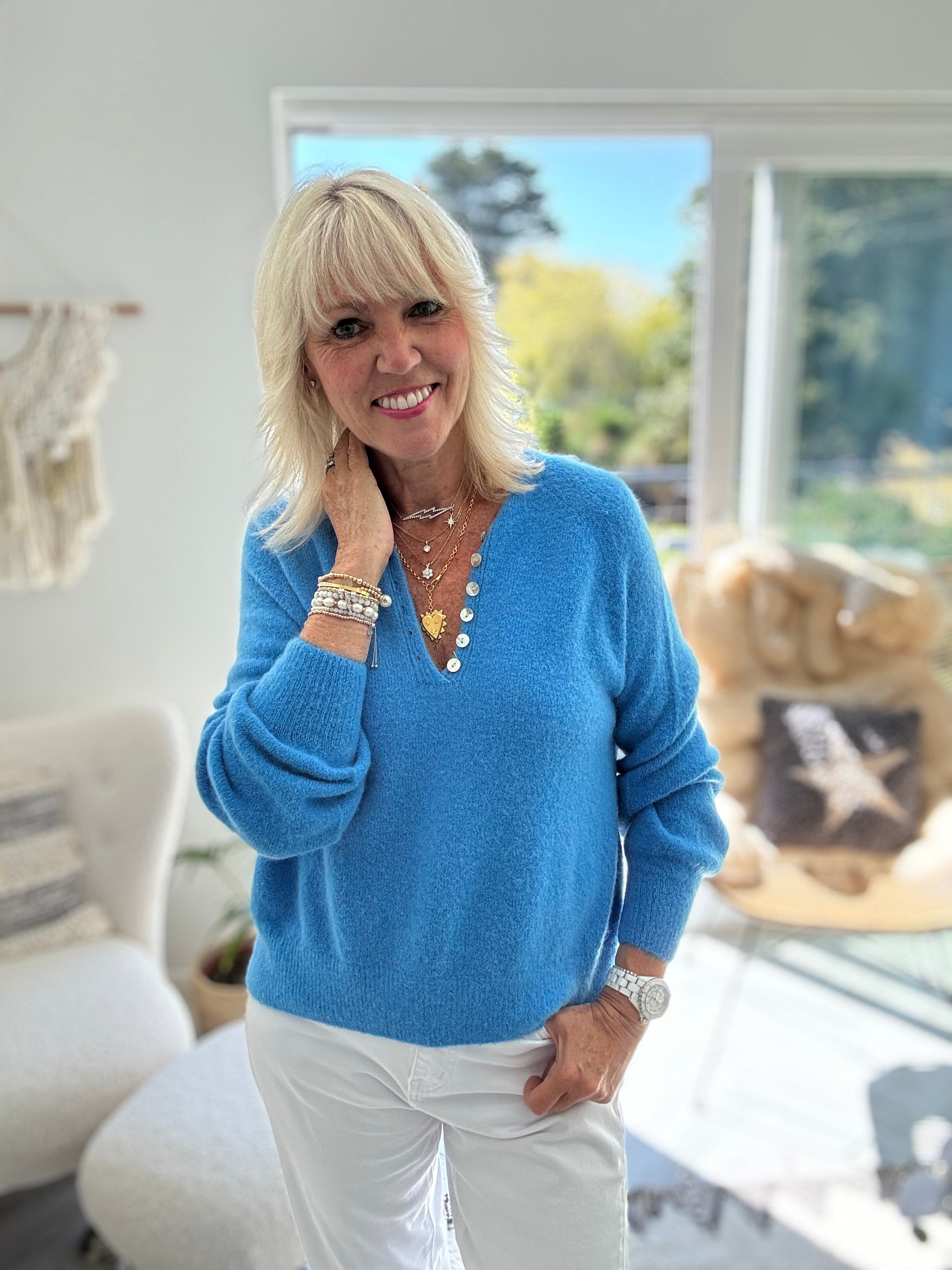 Softie Jumper with Button Neck in Sky Blue
