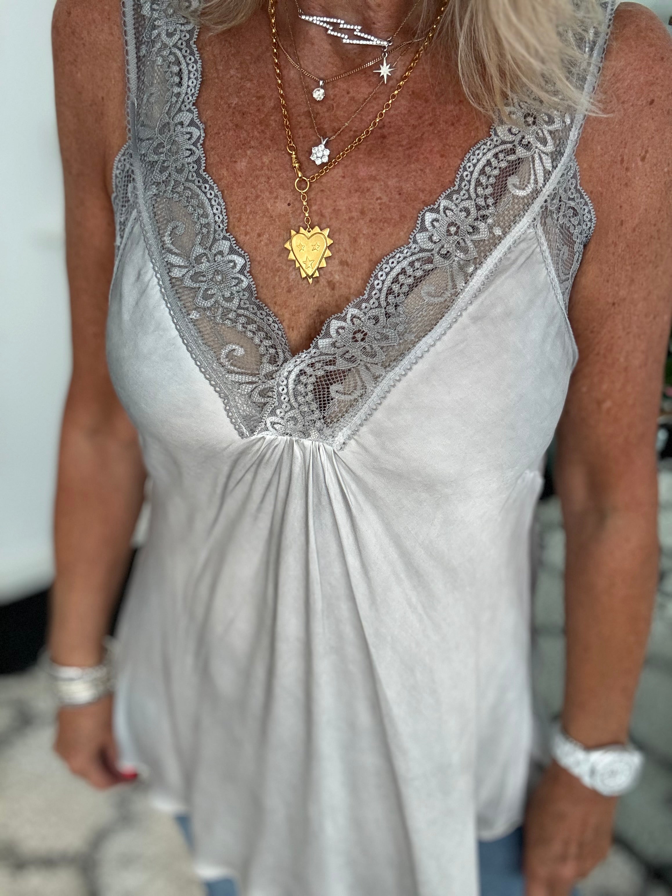 Lace Trim Silky Vest in Silver Grey