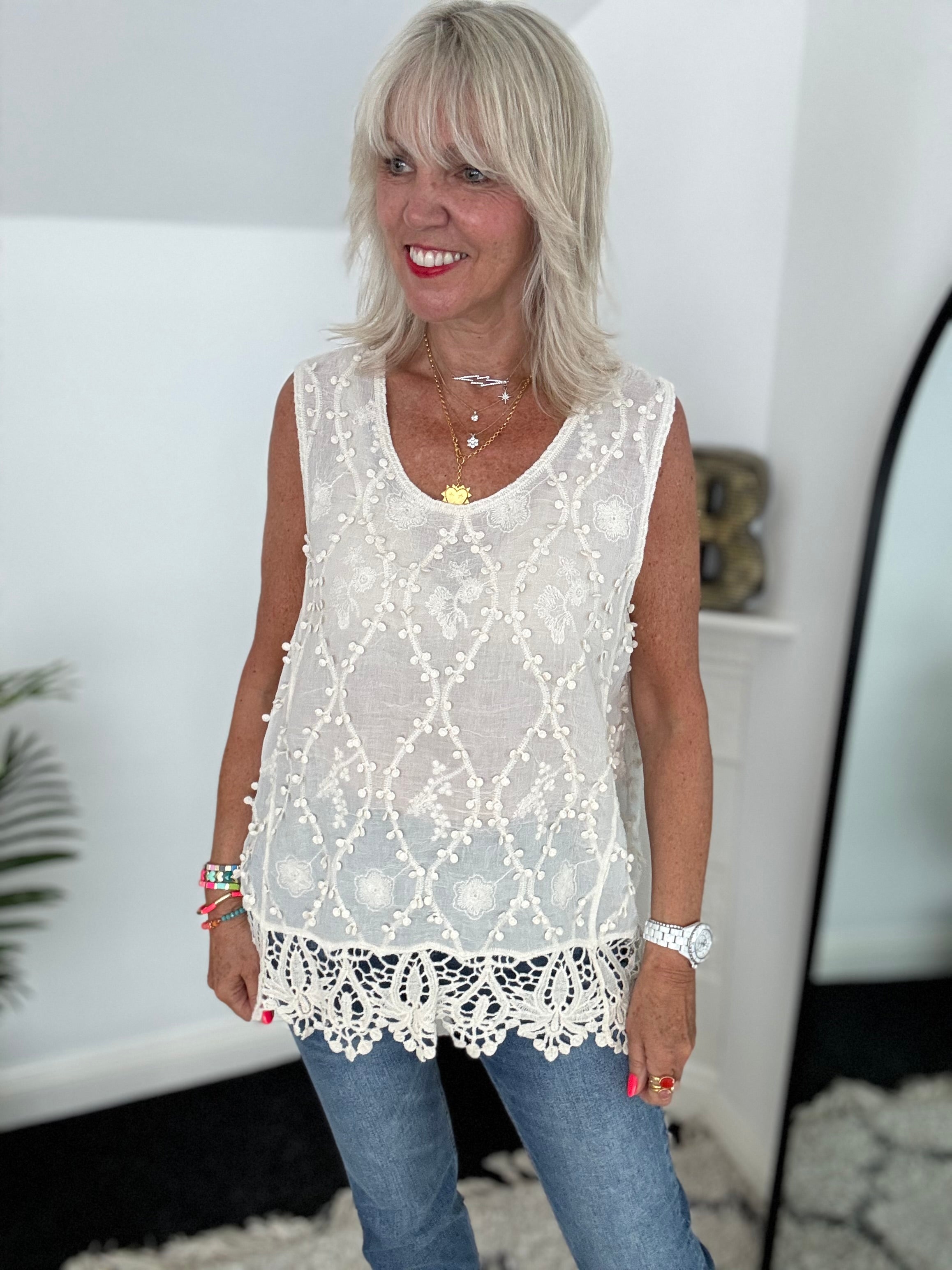 Embroidered Cotton Vest in Ecru