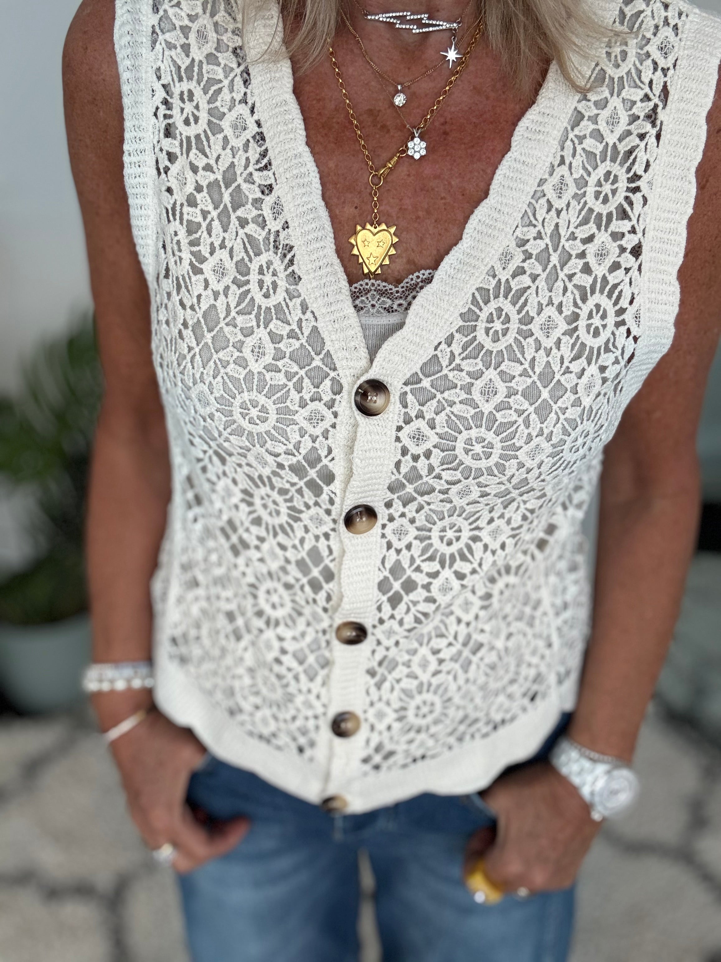 Crochet Buttoned Waistcoat in Ivory