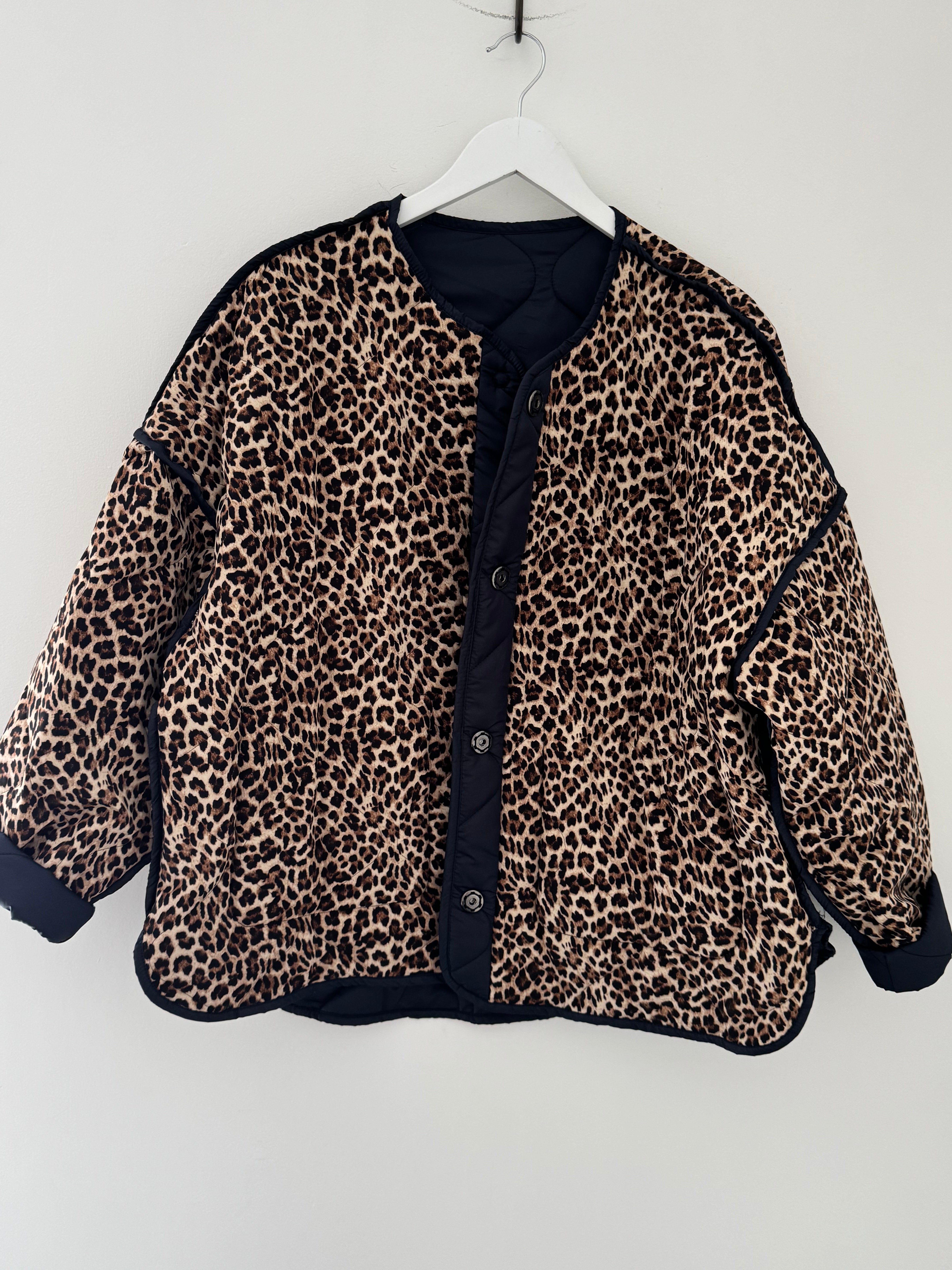Reversible Quilted Jacket in Navy & Leopard