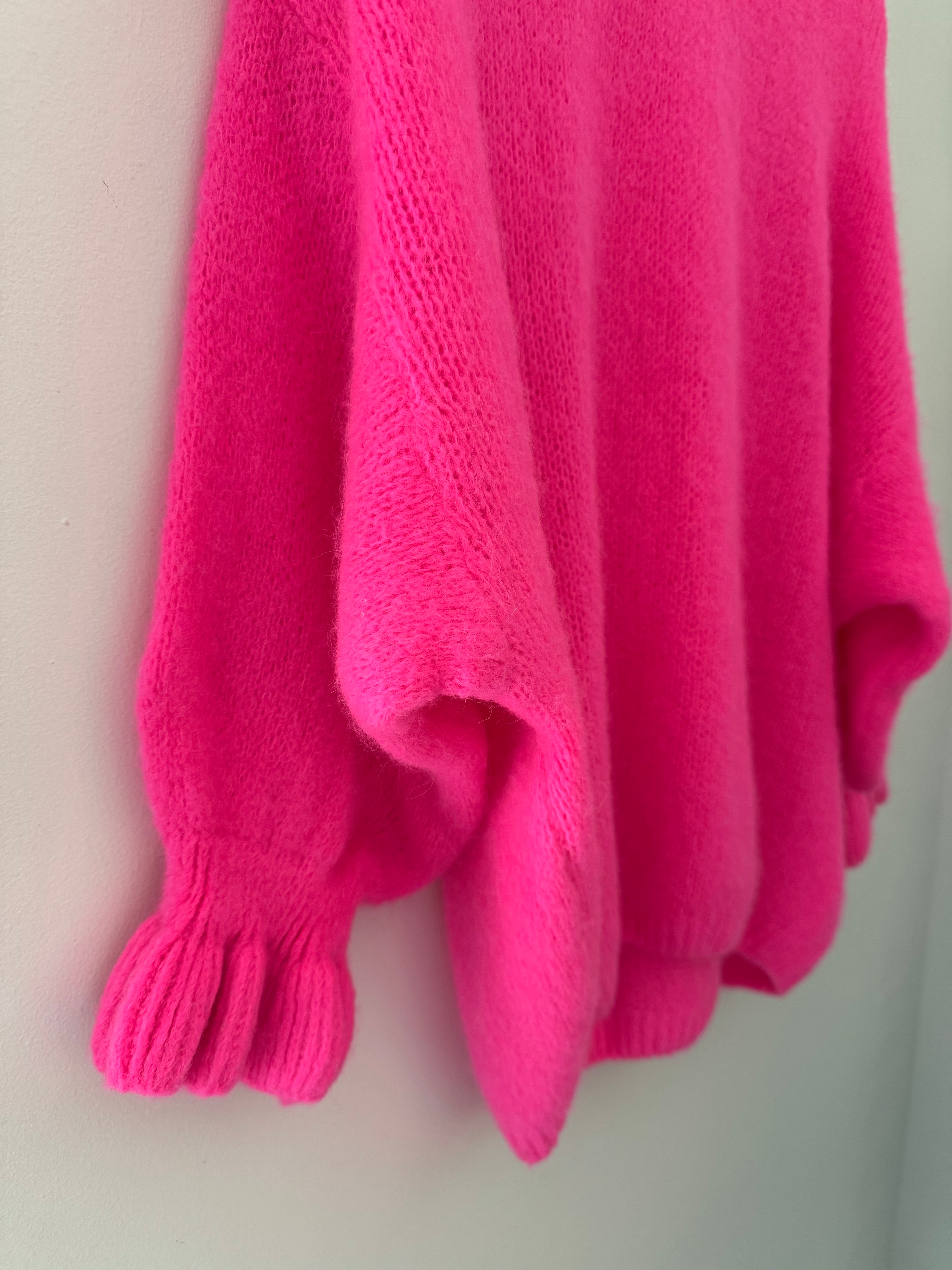 Alpaca Jumper with Frill Cuffs in Neon Pink