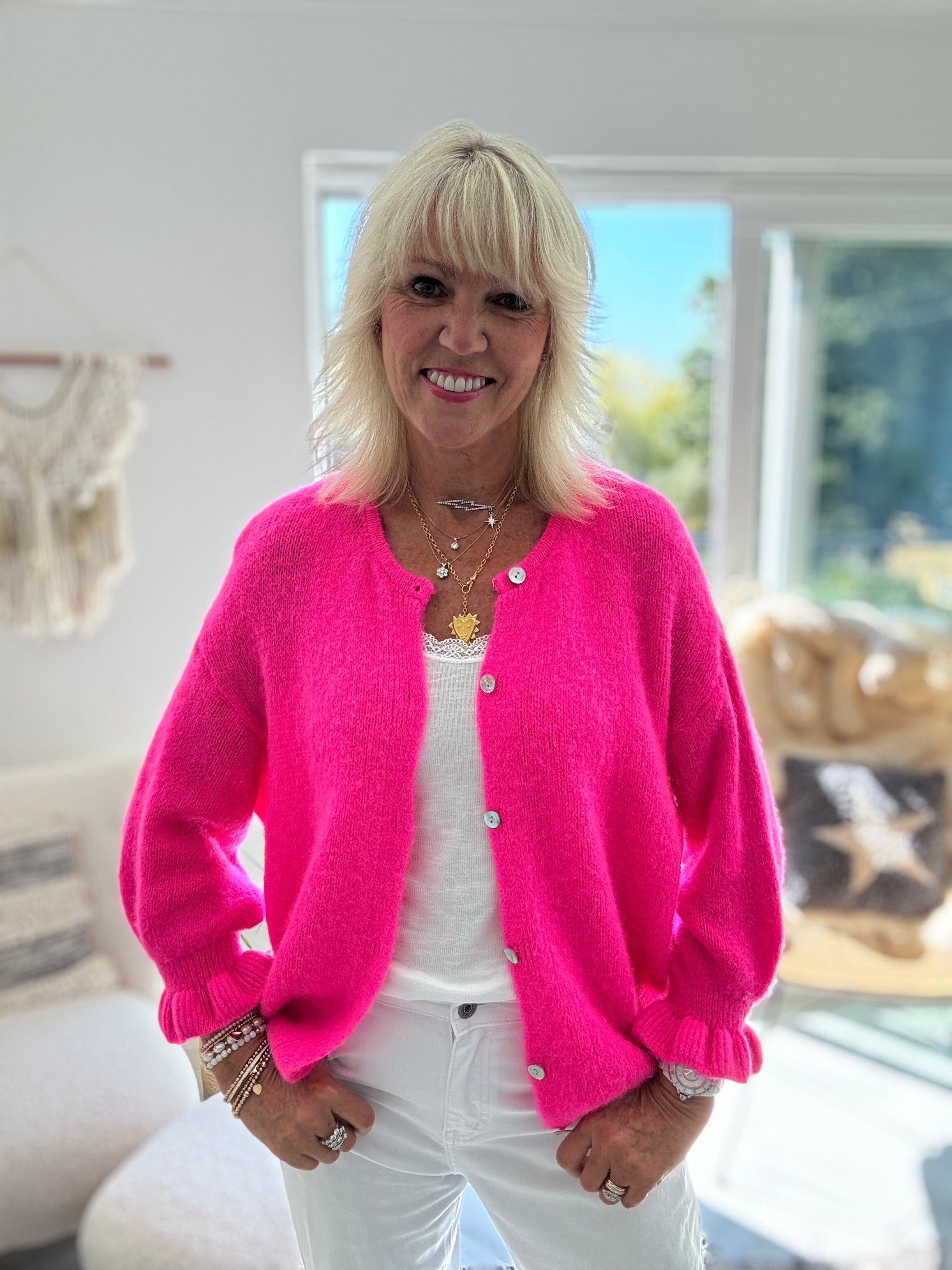 Alpaca Cardi with Frill Cuffs in Neon Pink