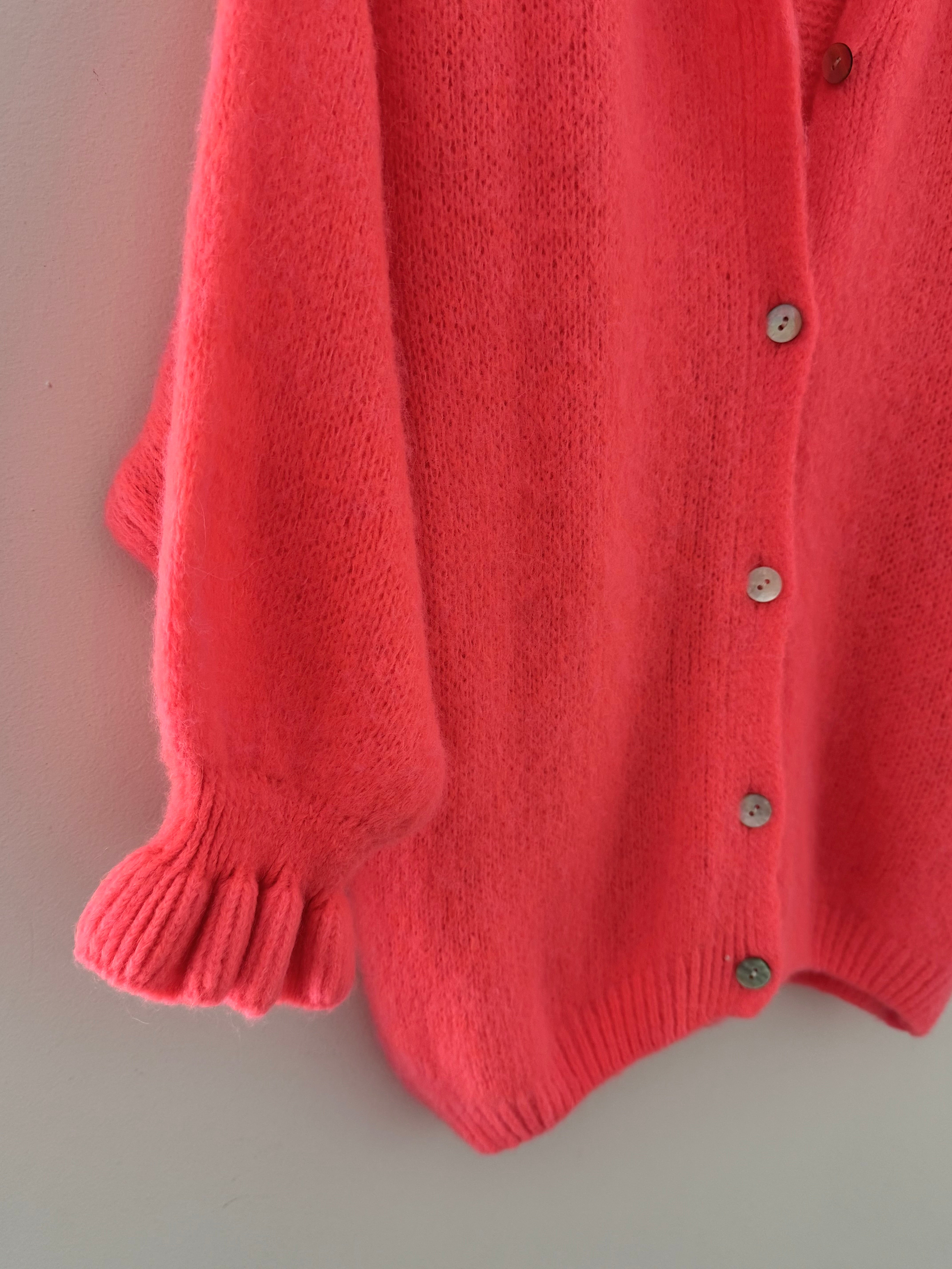 Alpaca Cardi with Frill Cuffs in Neon Coral