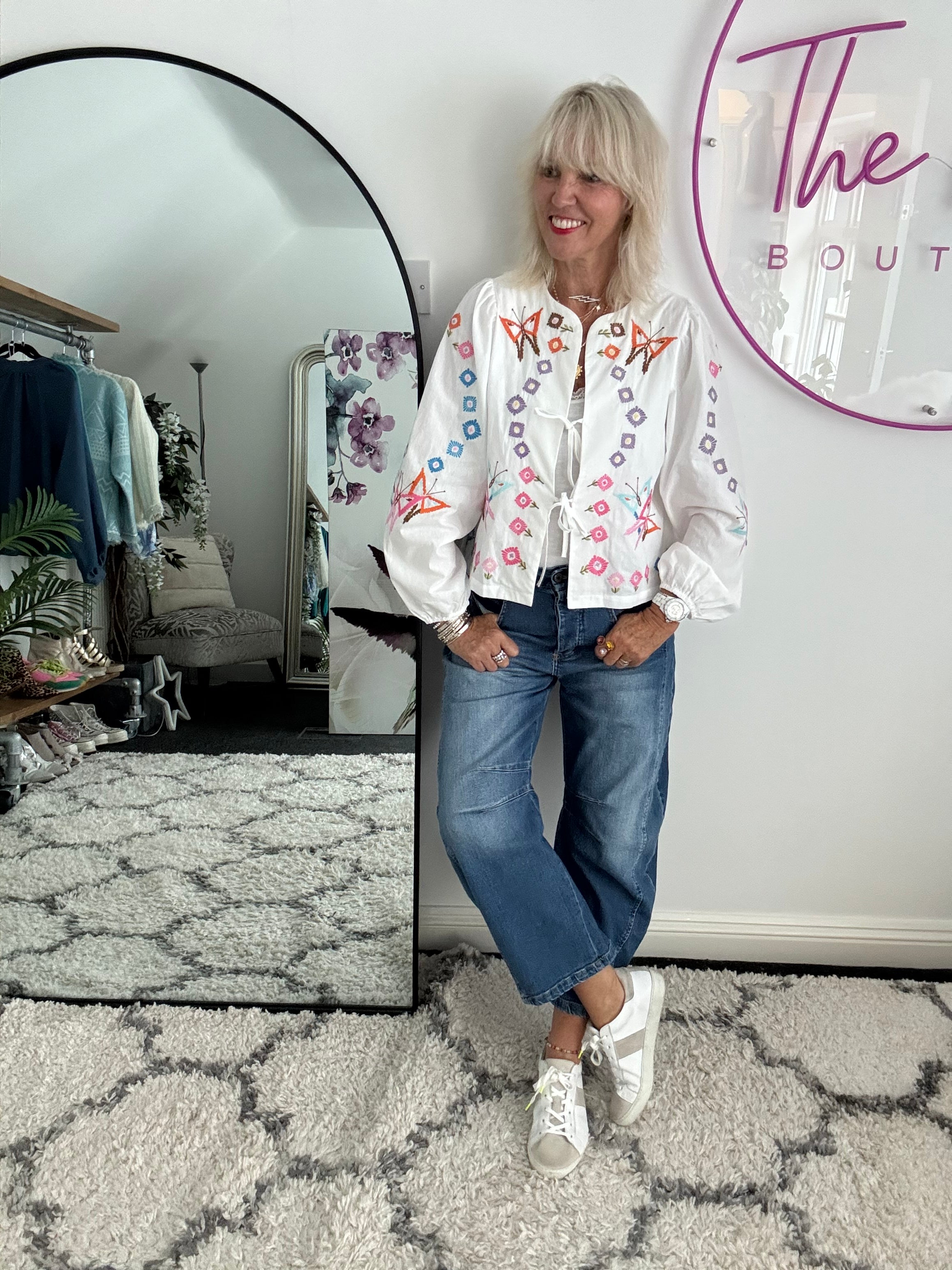 Embroidered Shirt Jacket with Tie Front