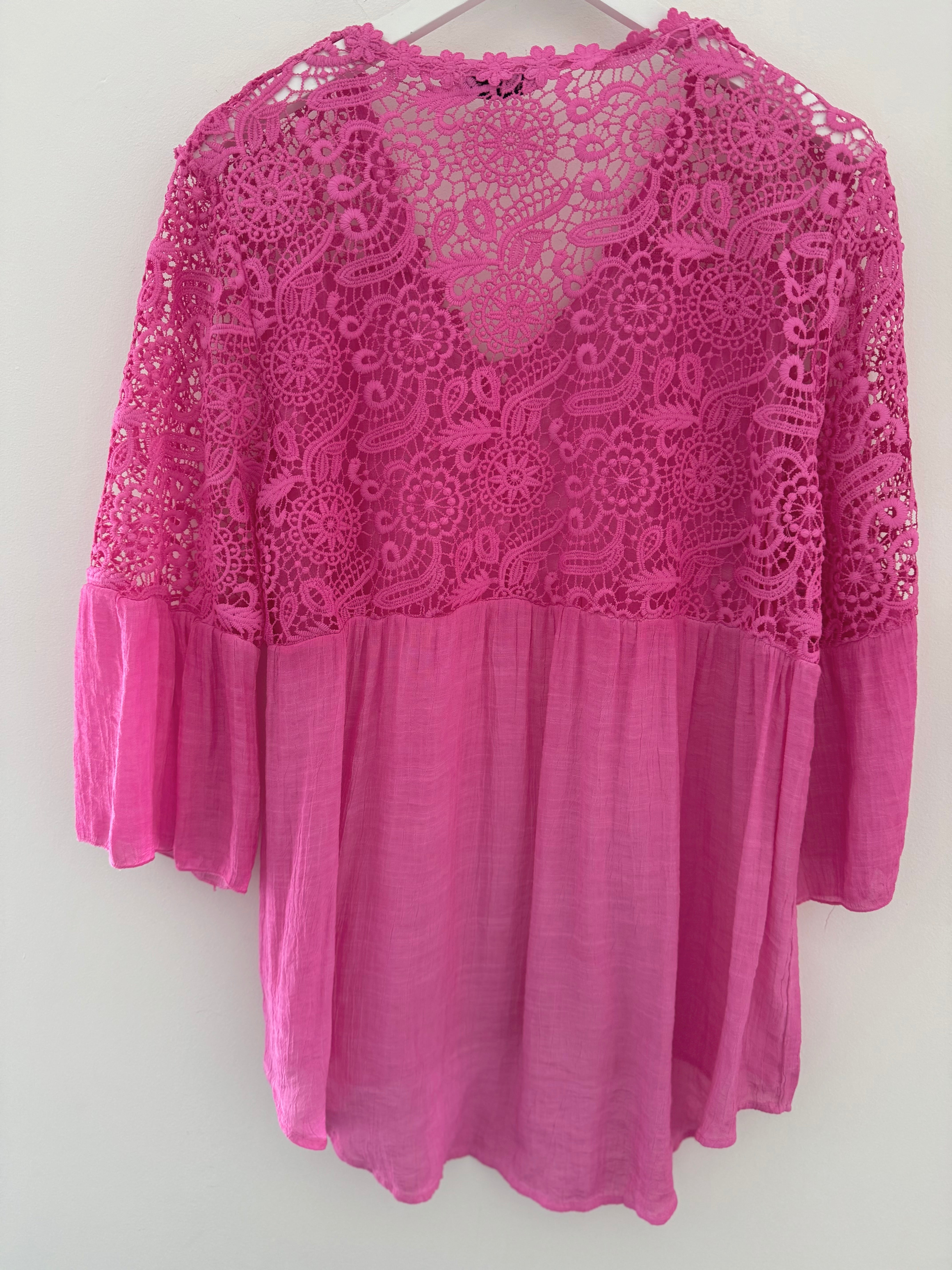 Lace Buttoned Blouse in Fuchsia