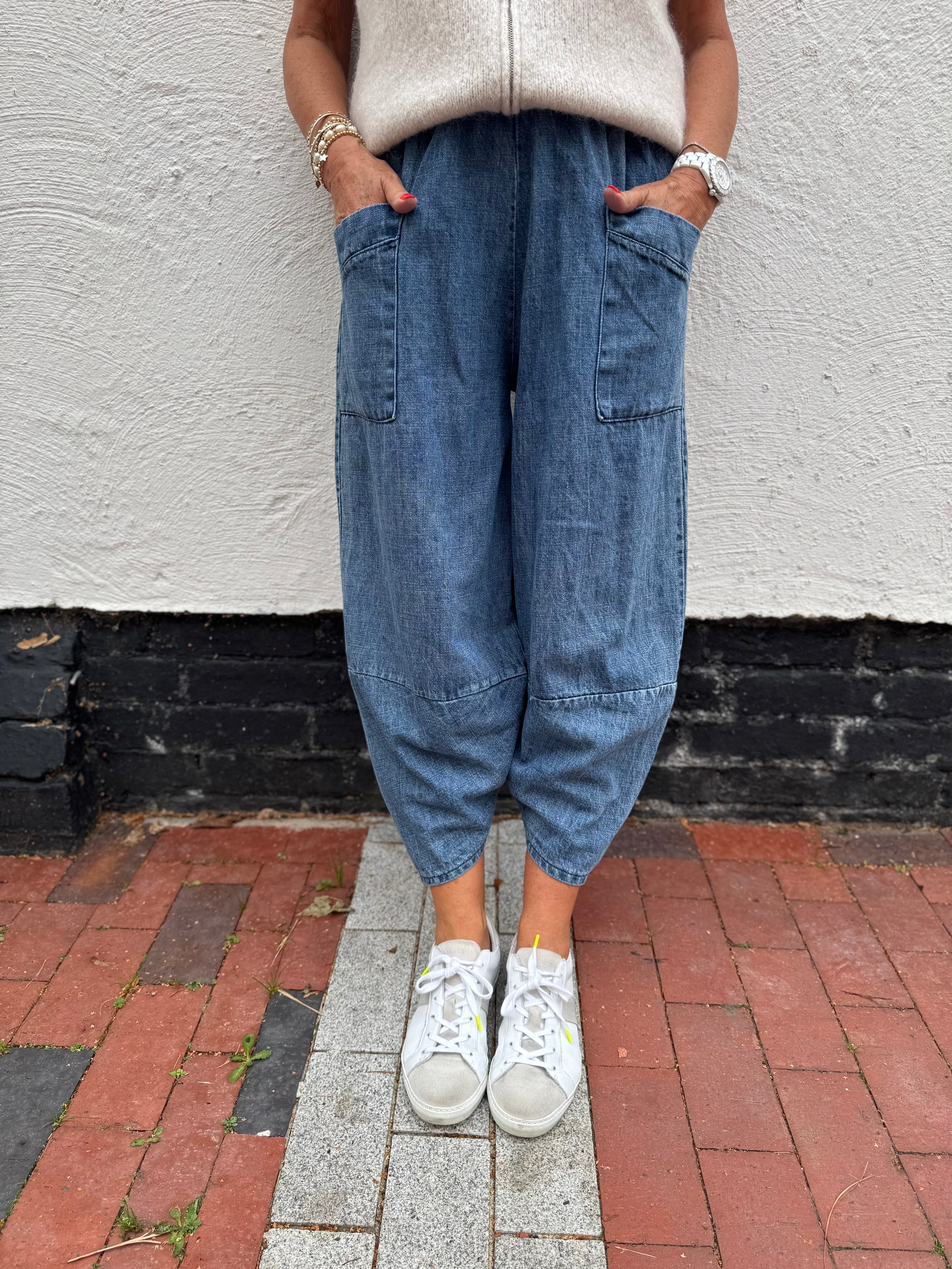 Premium Barrel Leg Trousers in Blue Denim