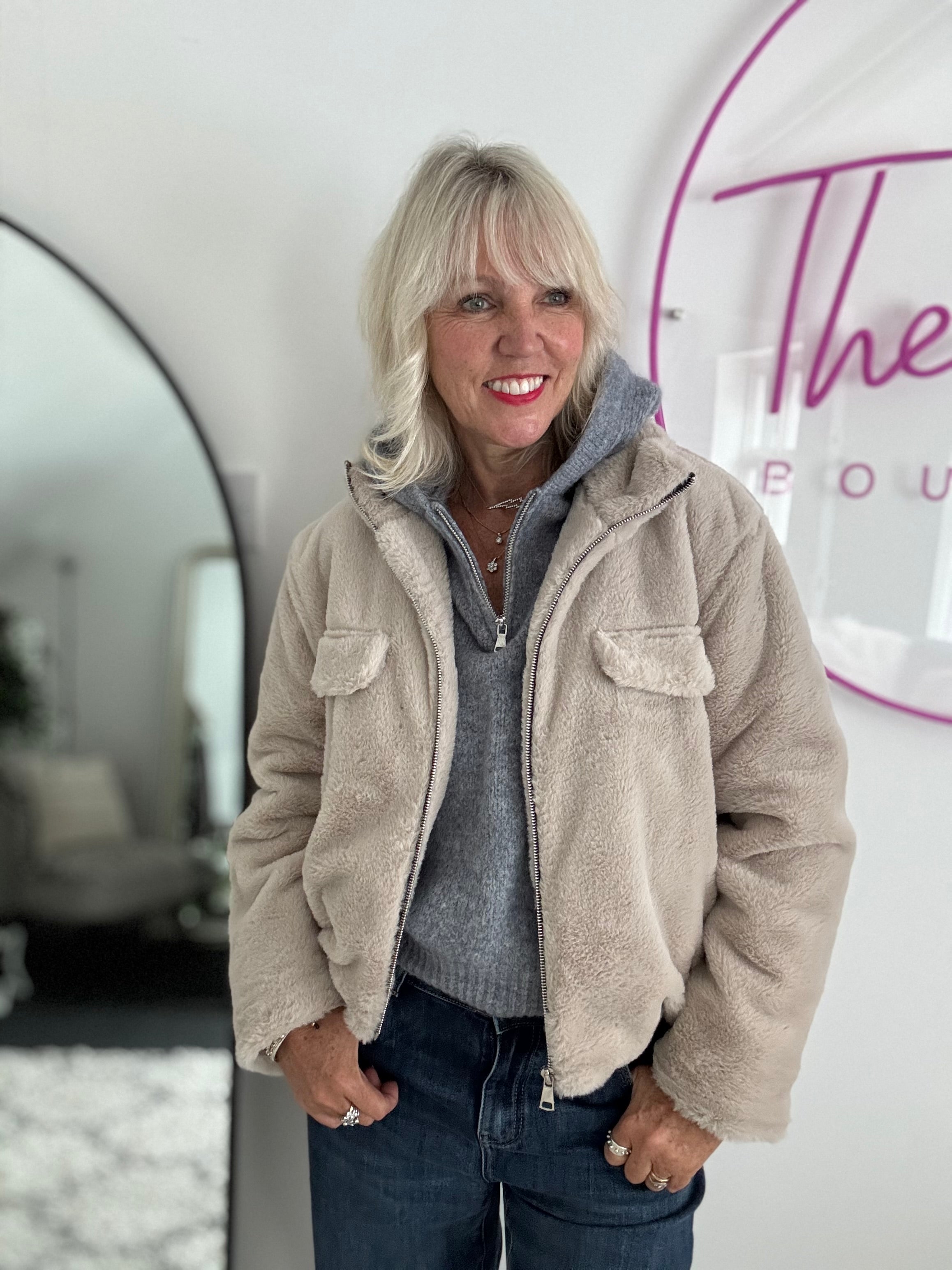 Faux Fur Jacket in Stone