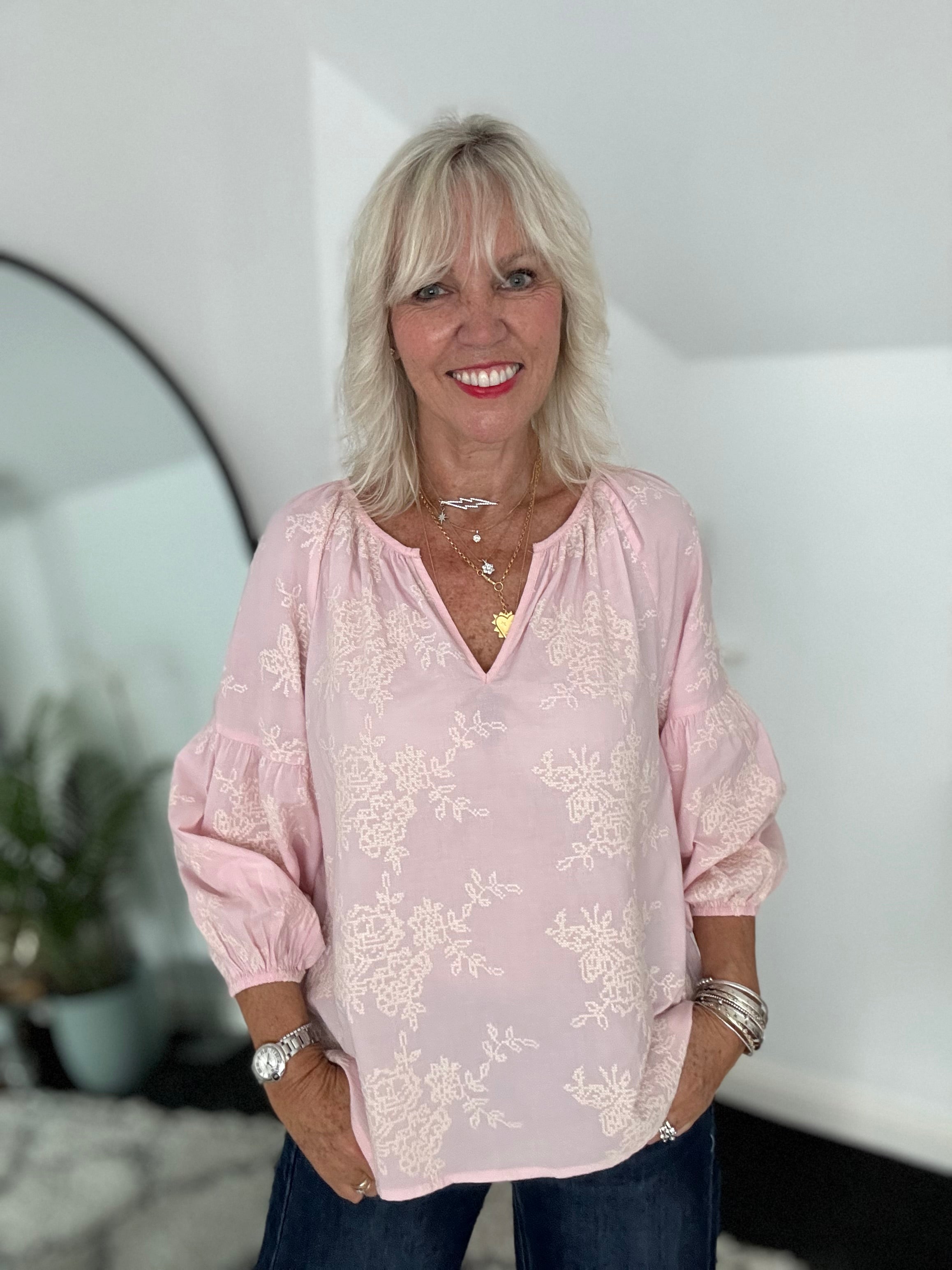 Luxe Embroidered Blouse in Pink