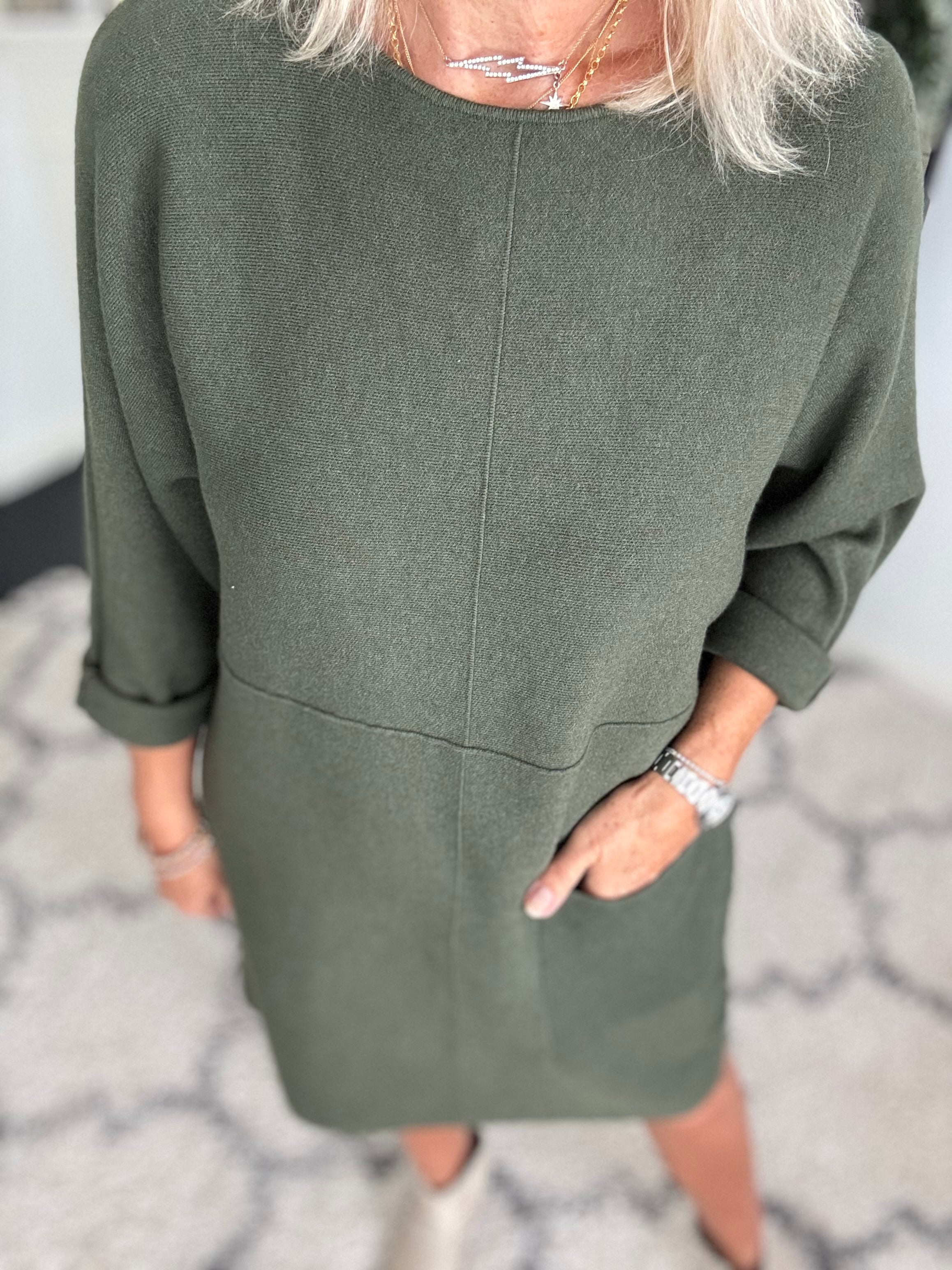 Luxe Knitted Pocket Dress in Khaki