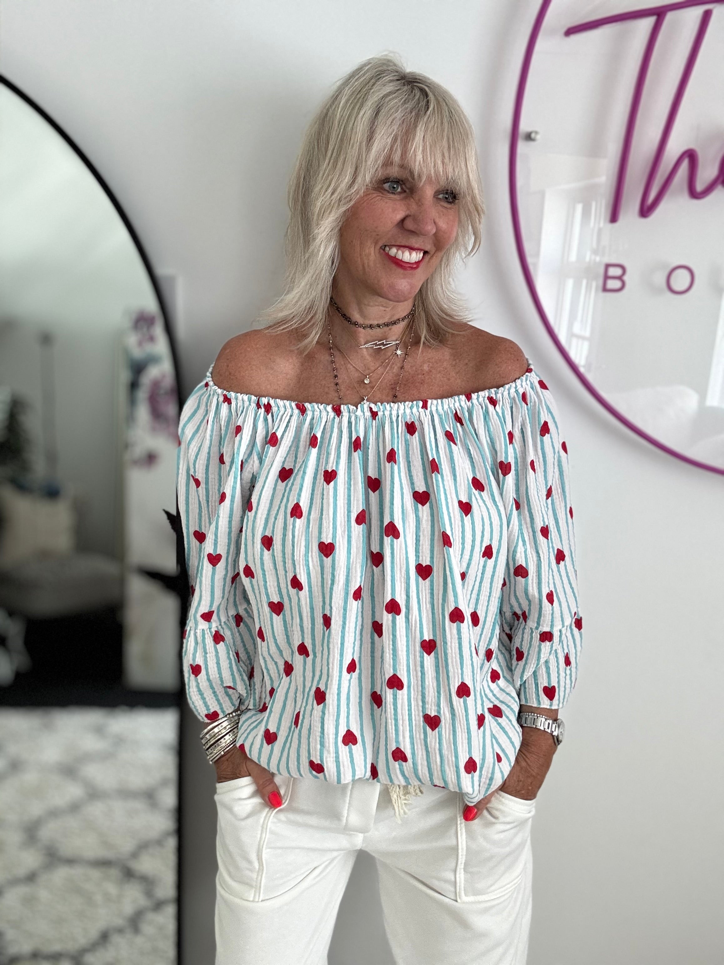 Cheesecloth Bardot Top in Aqua & Red Hearts