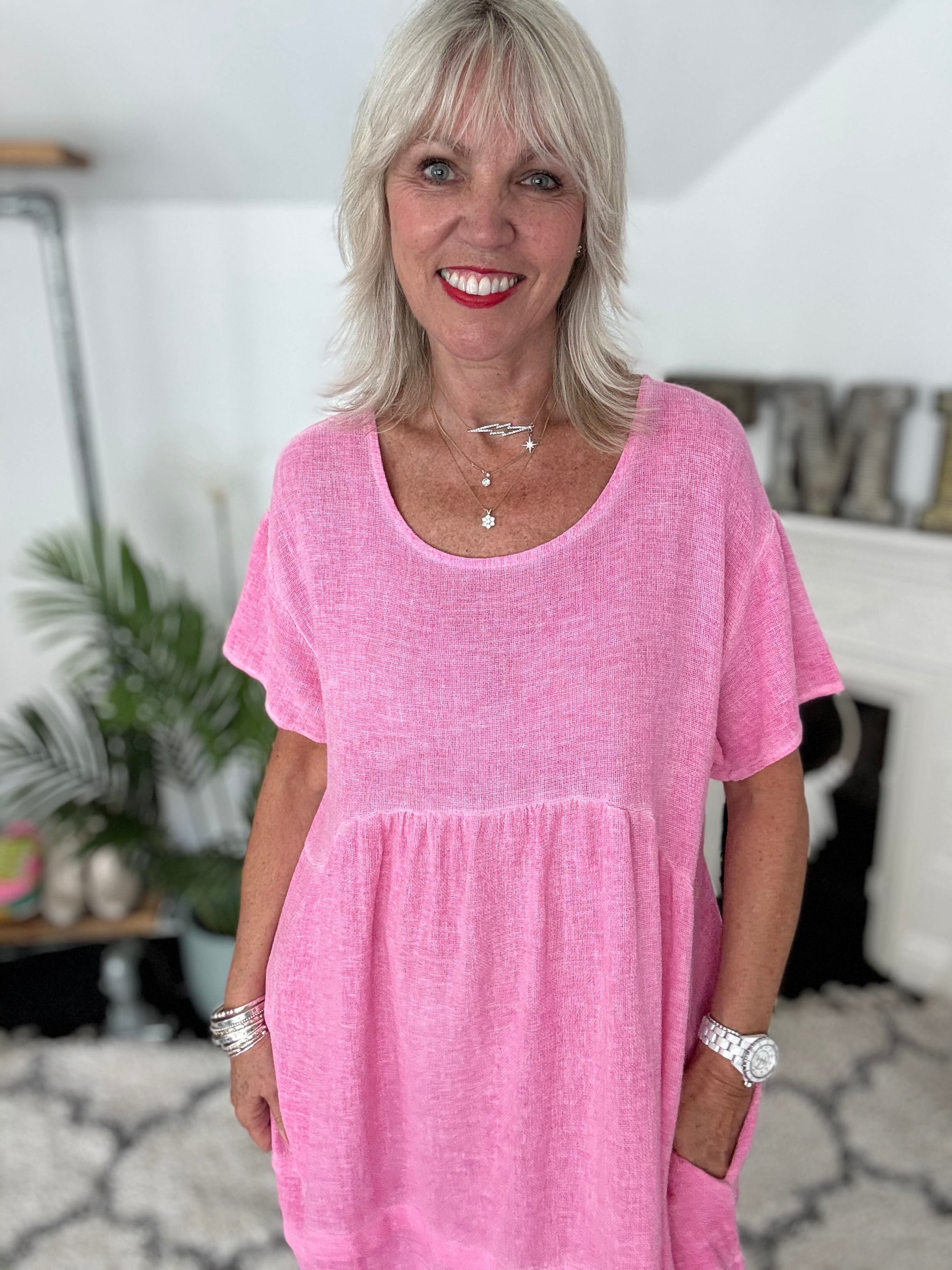 Cotton & Linen Cocoon Dress in Candy Pink