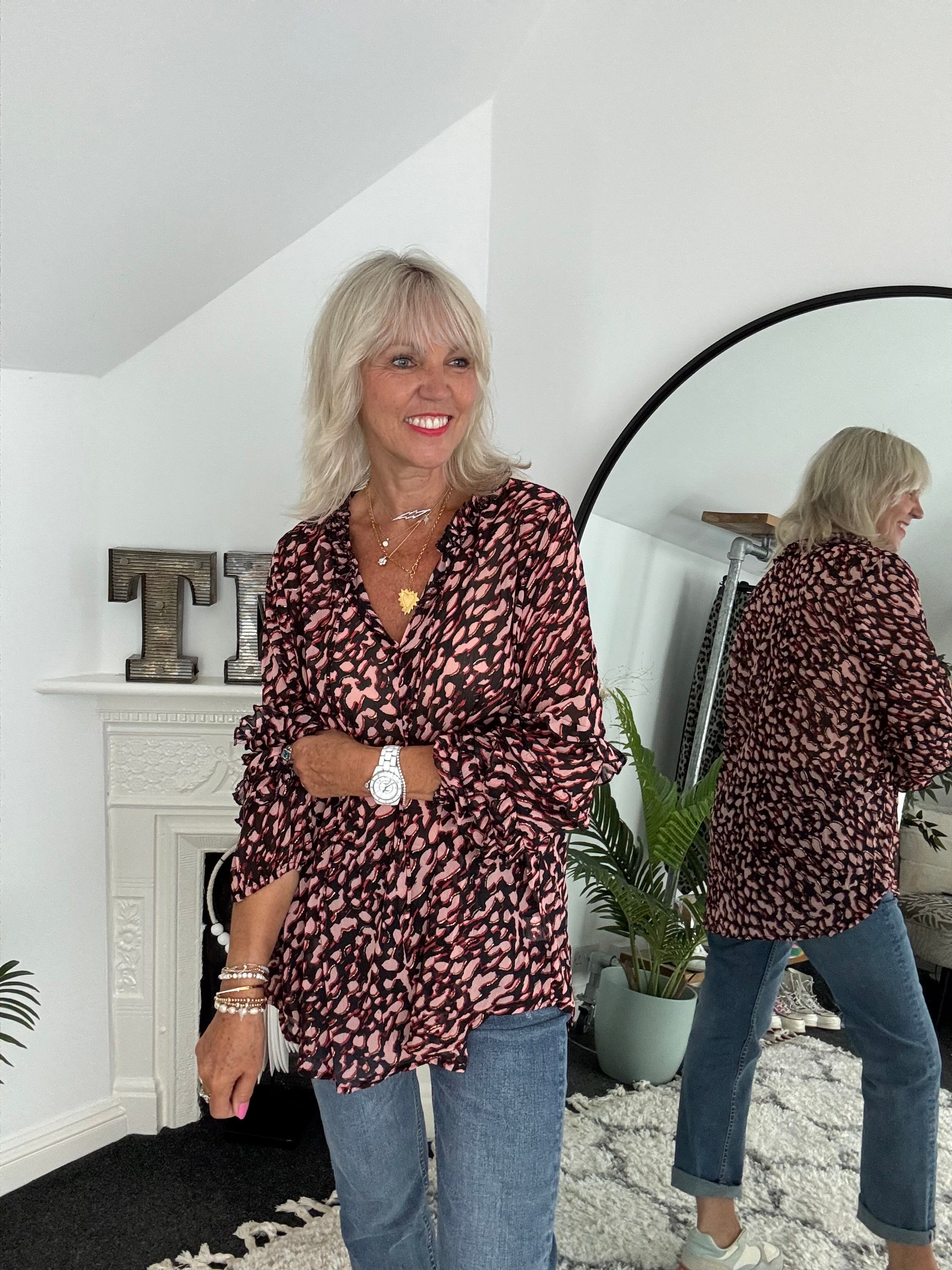 Chiffon Print Blouse in Pink & Black
