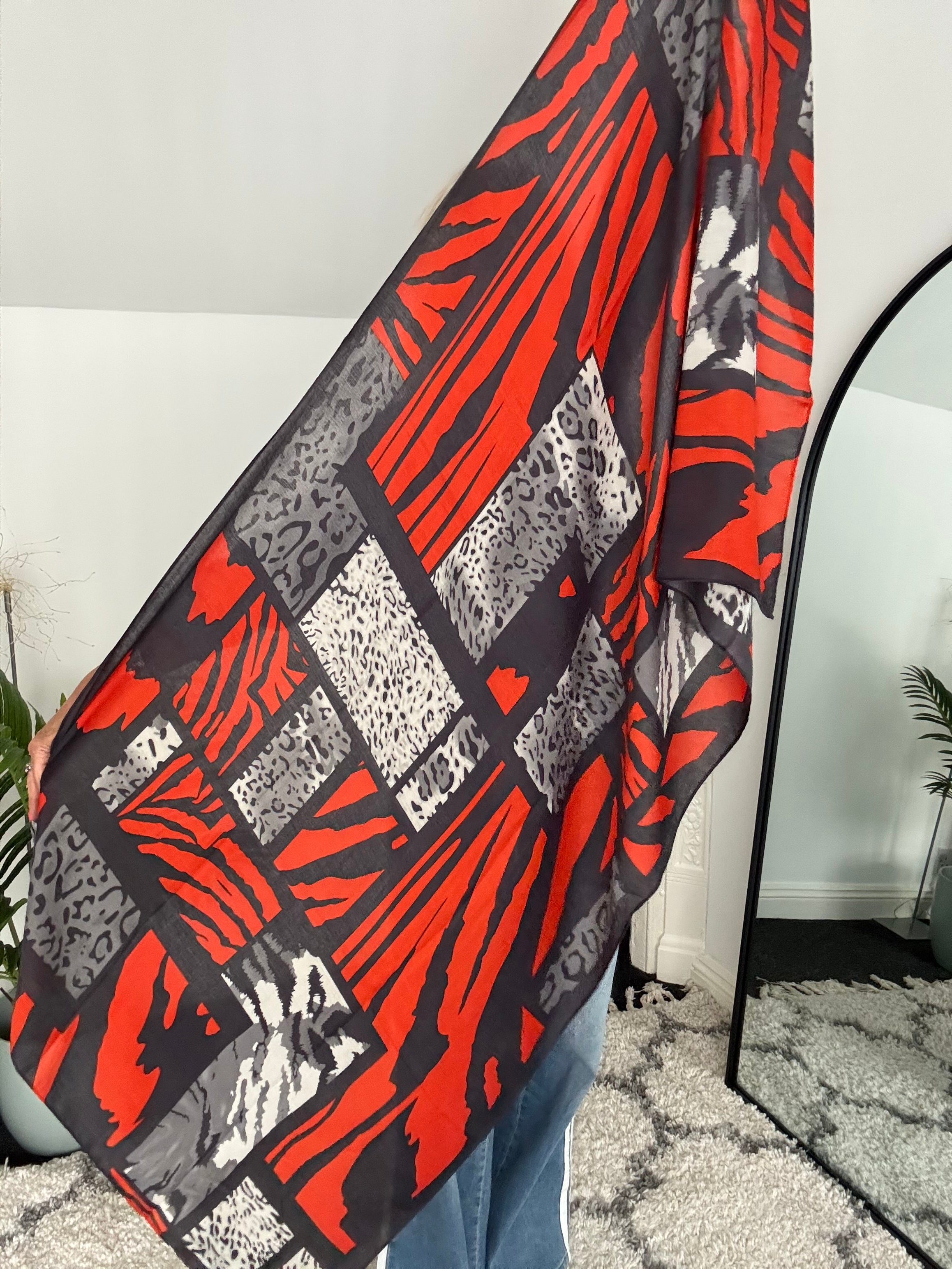 Striking Geo & Animal Print Scarf in Orange & Grey