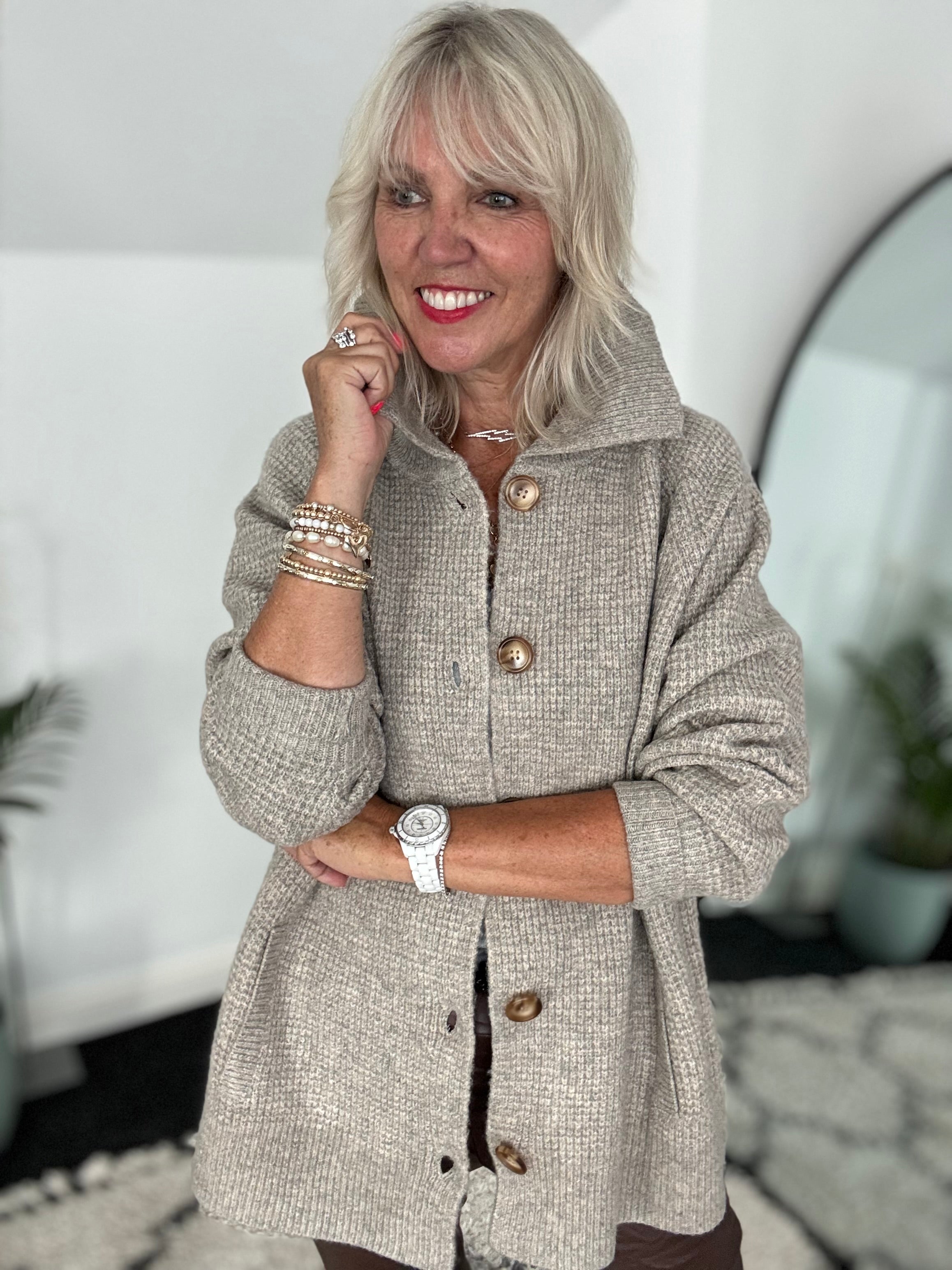 Fisherman Rib Knitted Jacket in Stone