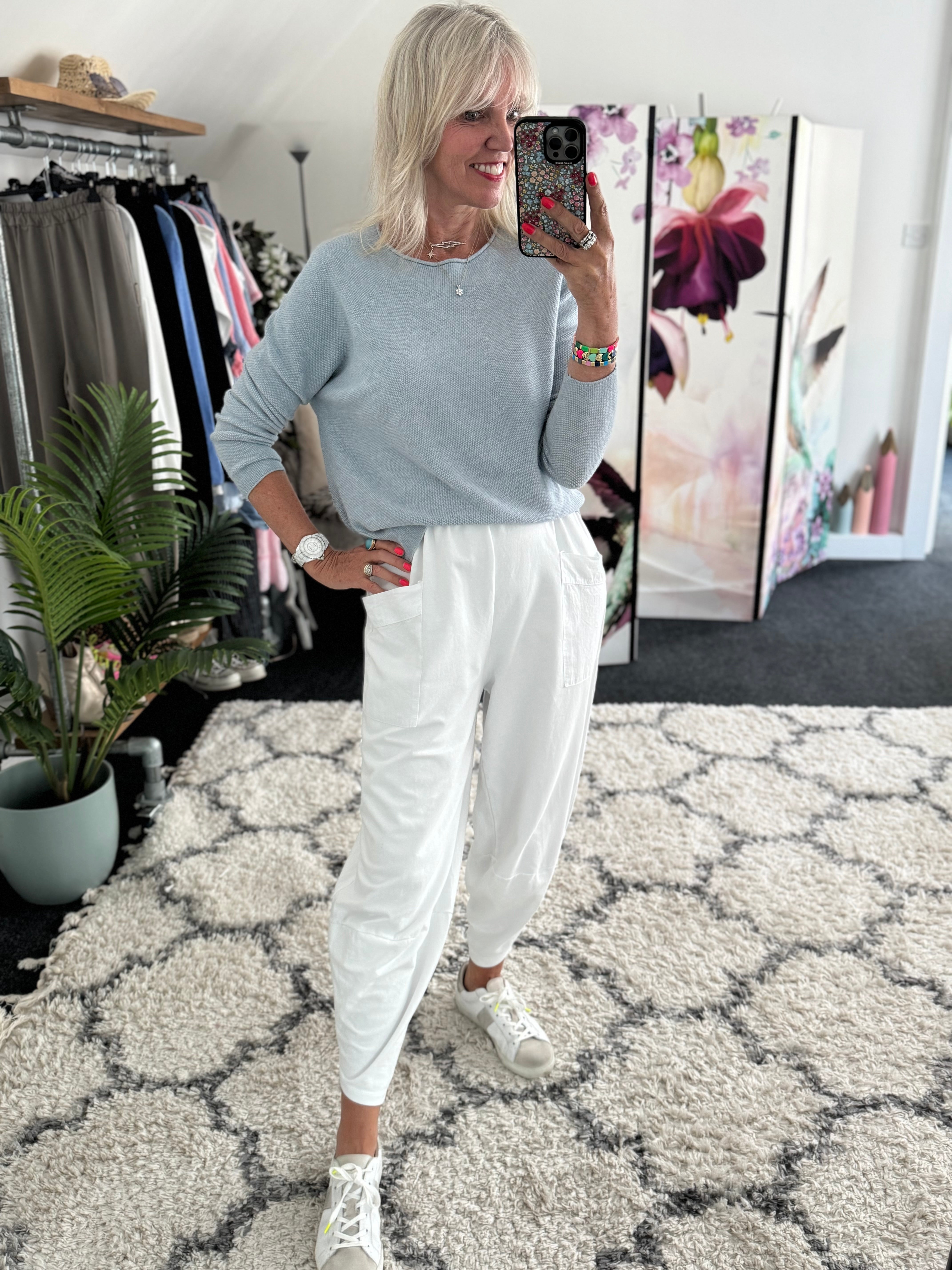 Barrel Shape Cotton Jersey Trousers in White