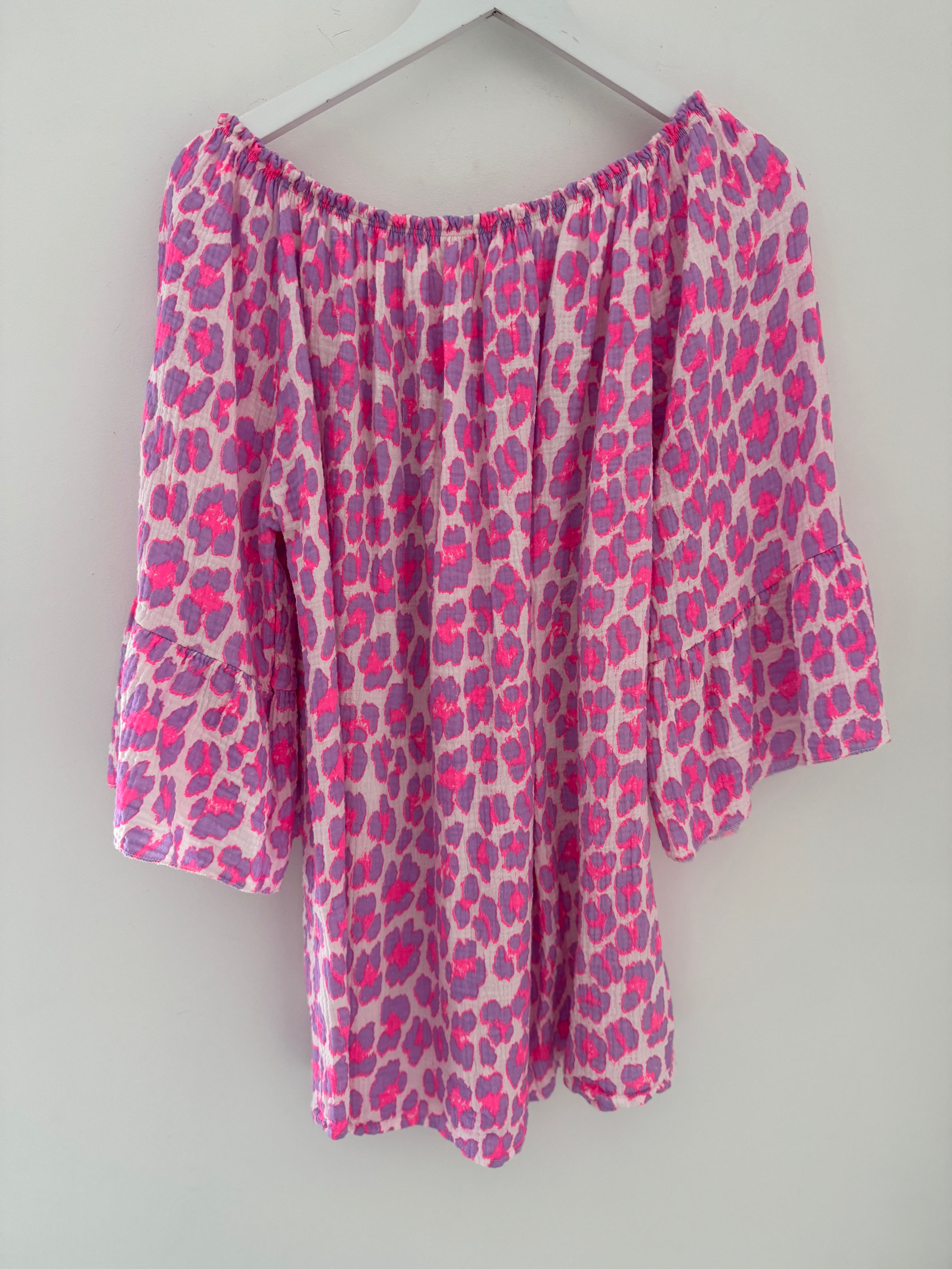 Cheesecloth Bardot Top in Lilac & Pink Leopard