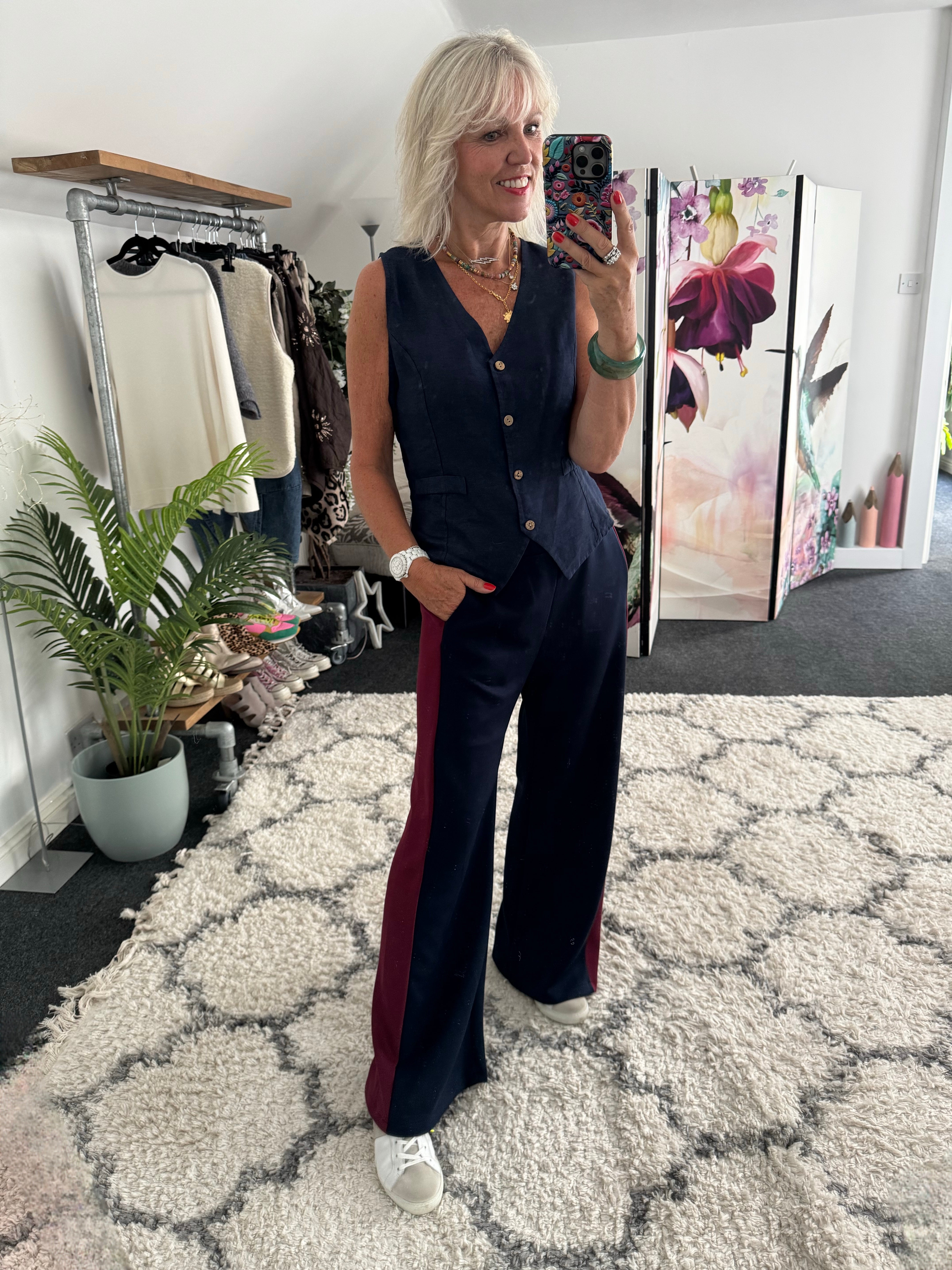 Stretch Trousers with Side Stripe in Navy & Claret