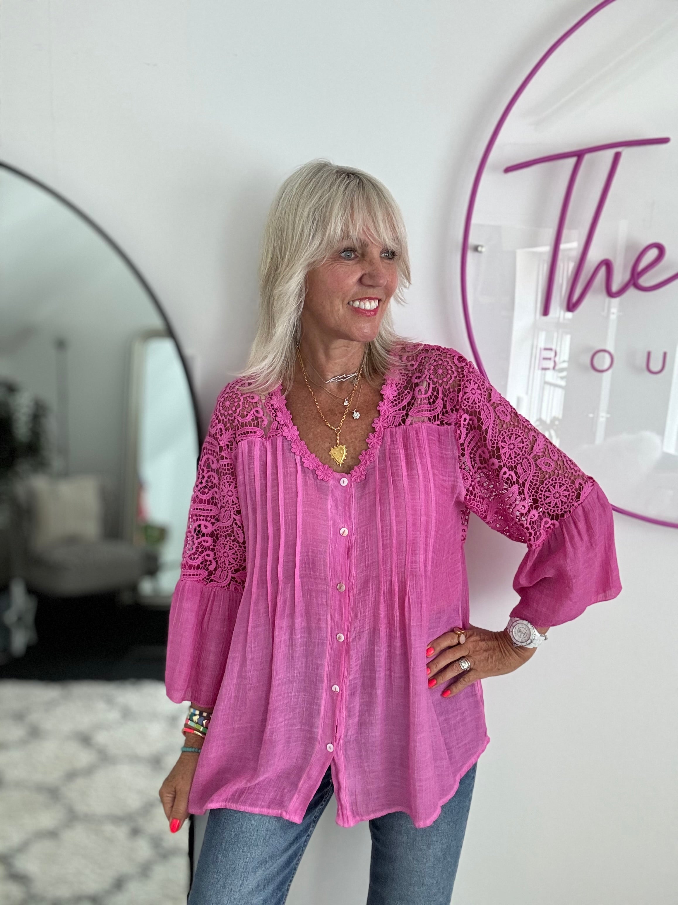 Lace Buttoned Blouse in Fuchsia