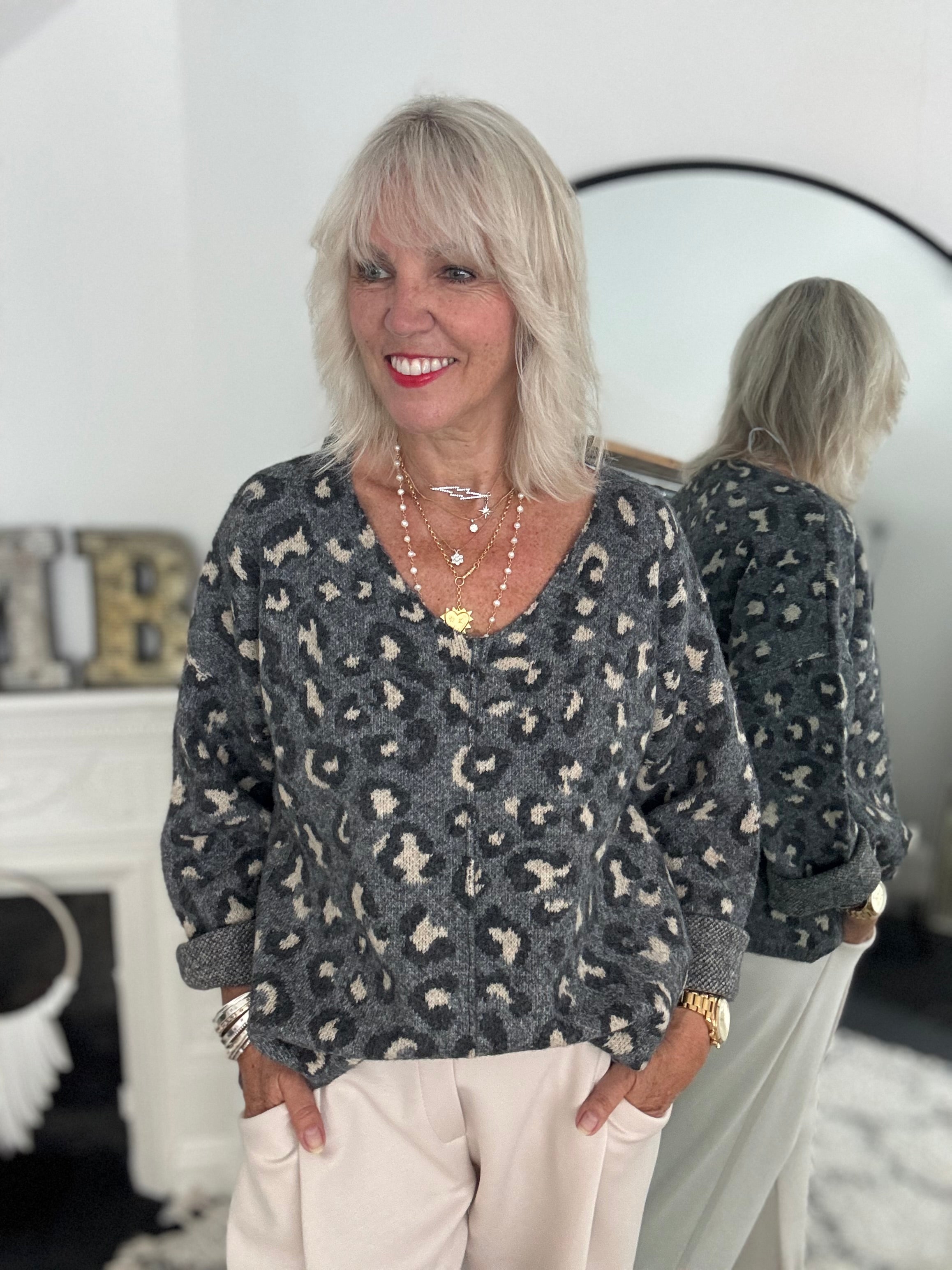 Seam Front V Neck Jumper in Grey Leopard