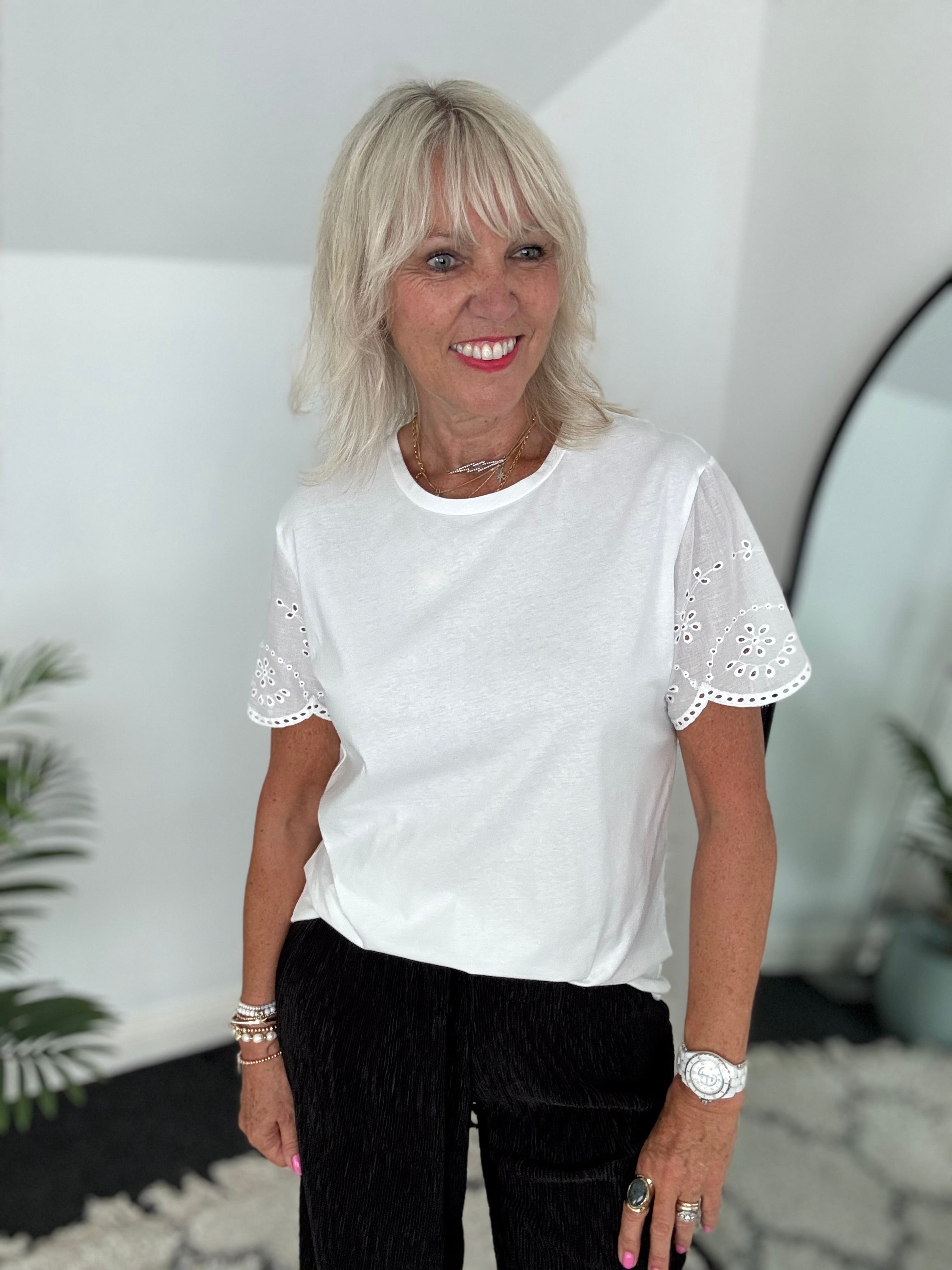 White Cotton Top with Broderie Sleeves