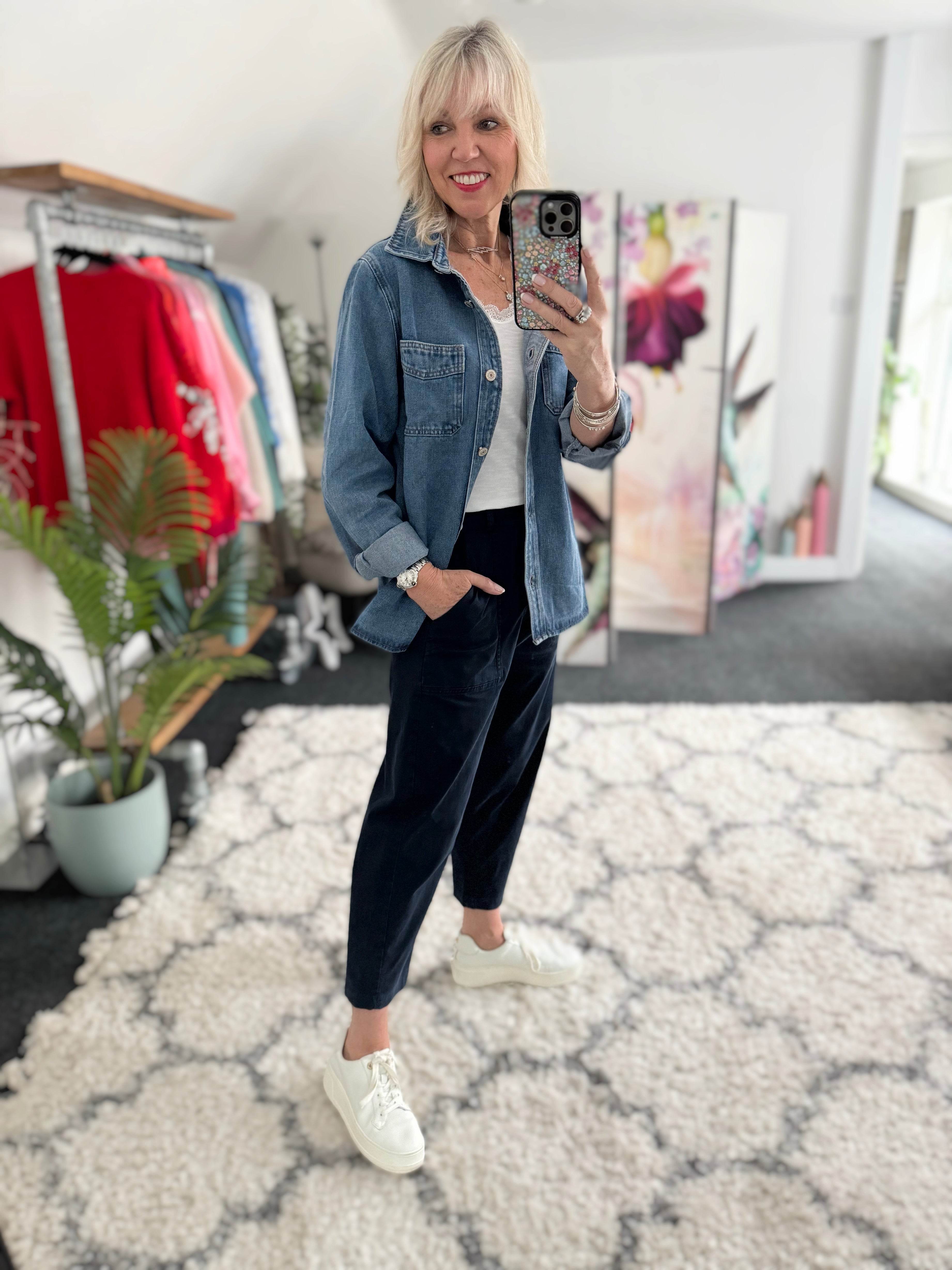 Slim Barrel Leg Trousers in Navy