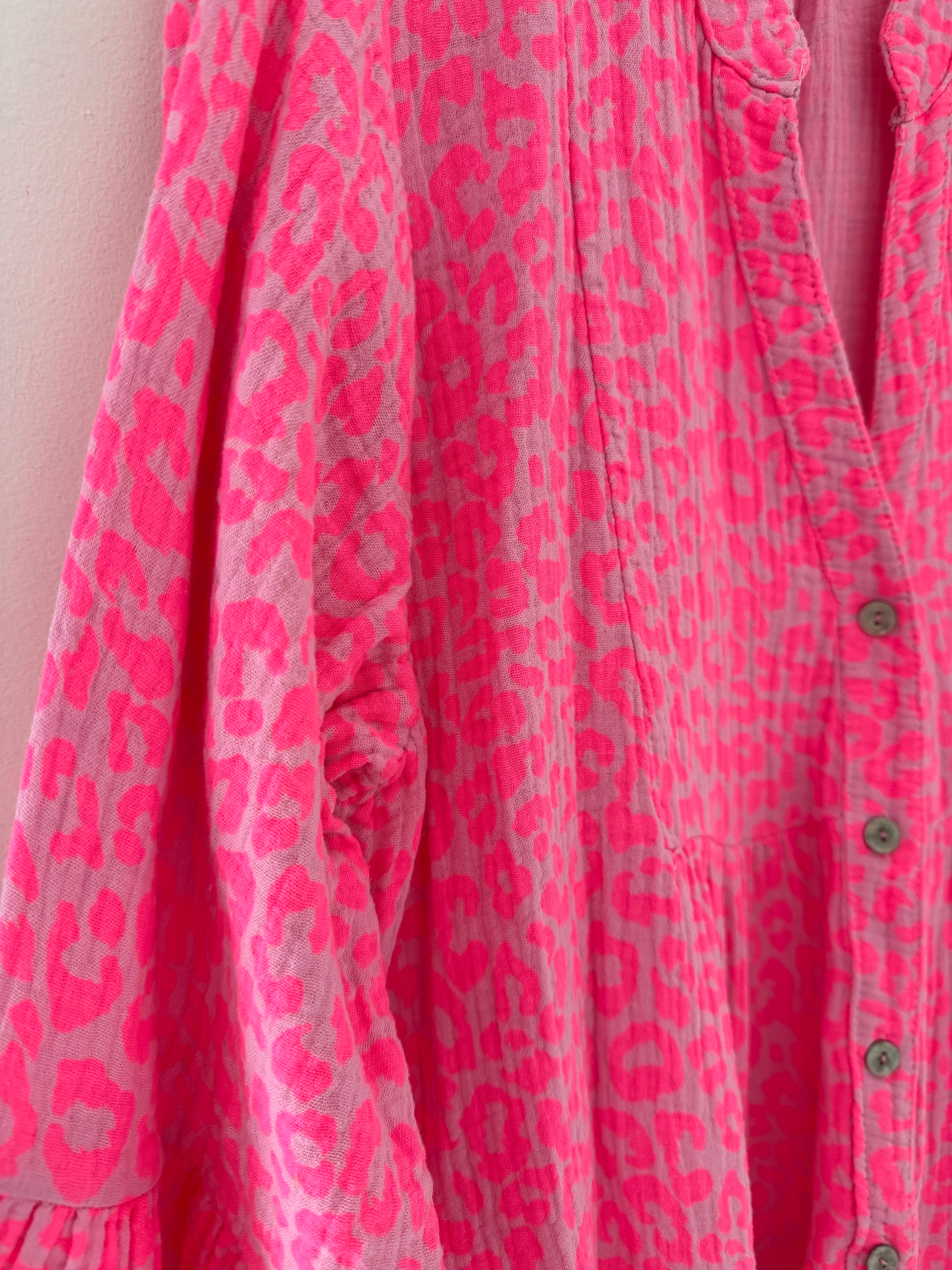 Cheesecloth Tiered Dress in Hot Pink Leopard