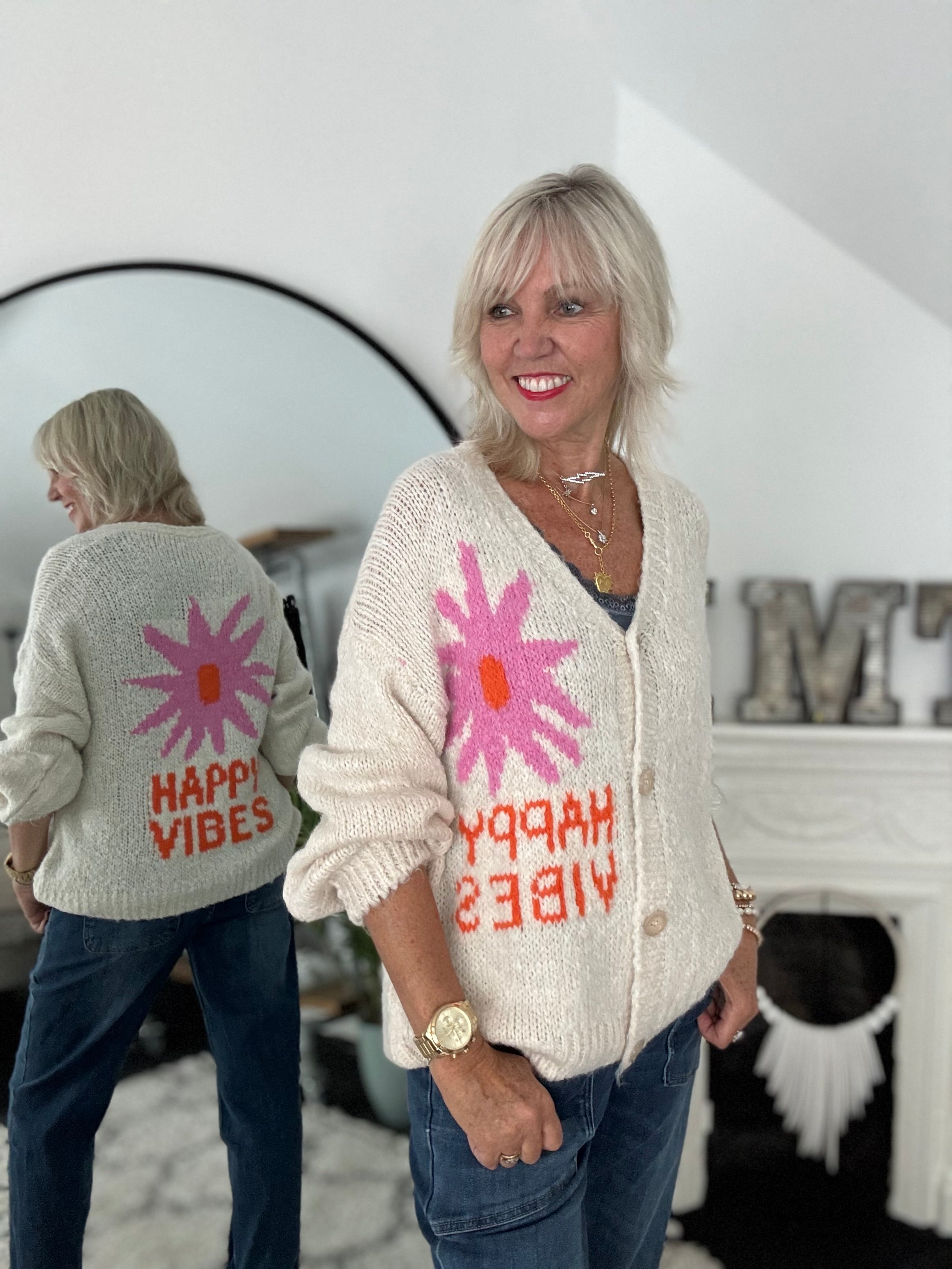 Oversized Happy Vibes Cardi in Stone