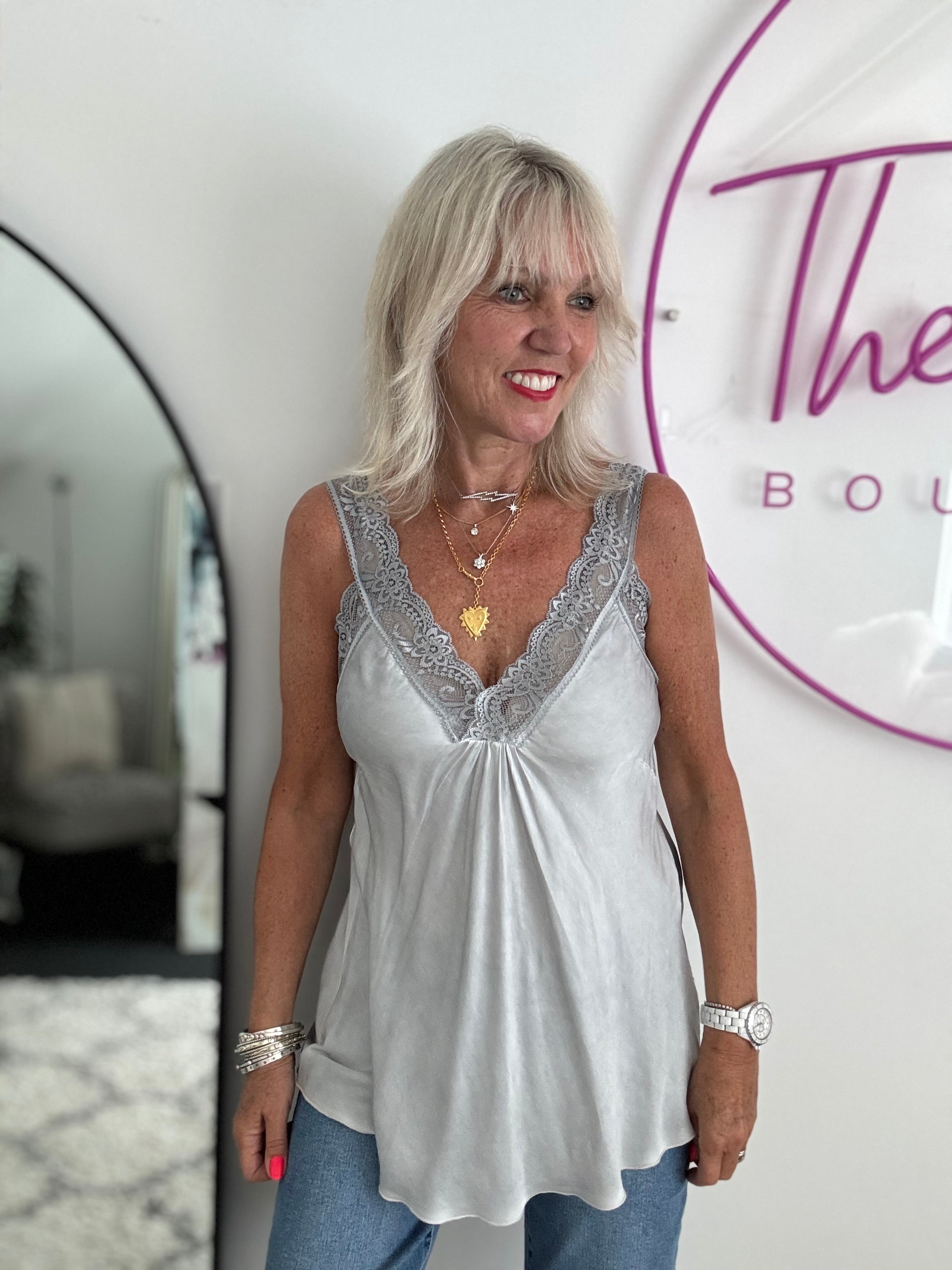 Lace Trim Silky Vest in Silver Grey