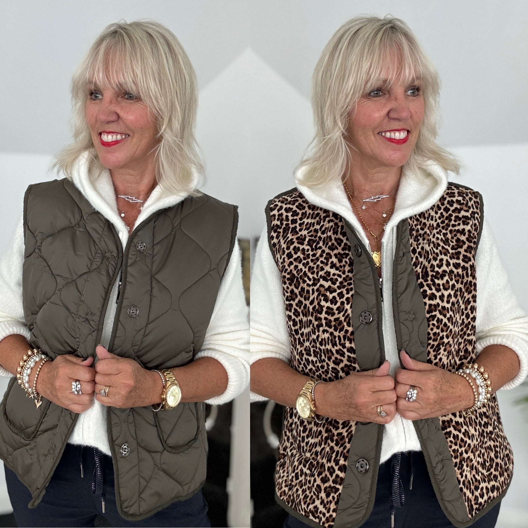 Reversible Quilted Gilet in Khaki & Leopard