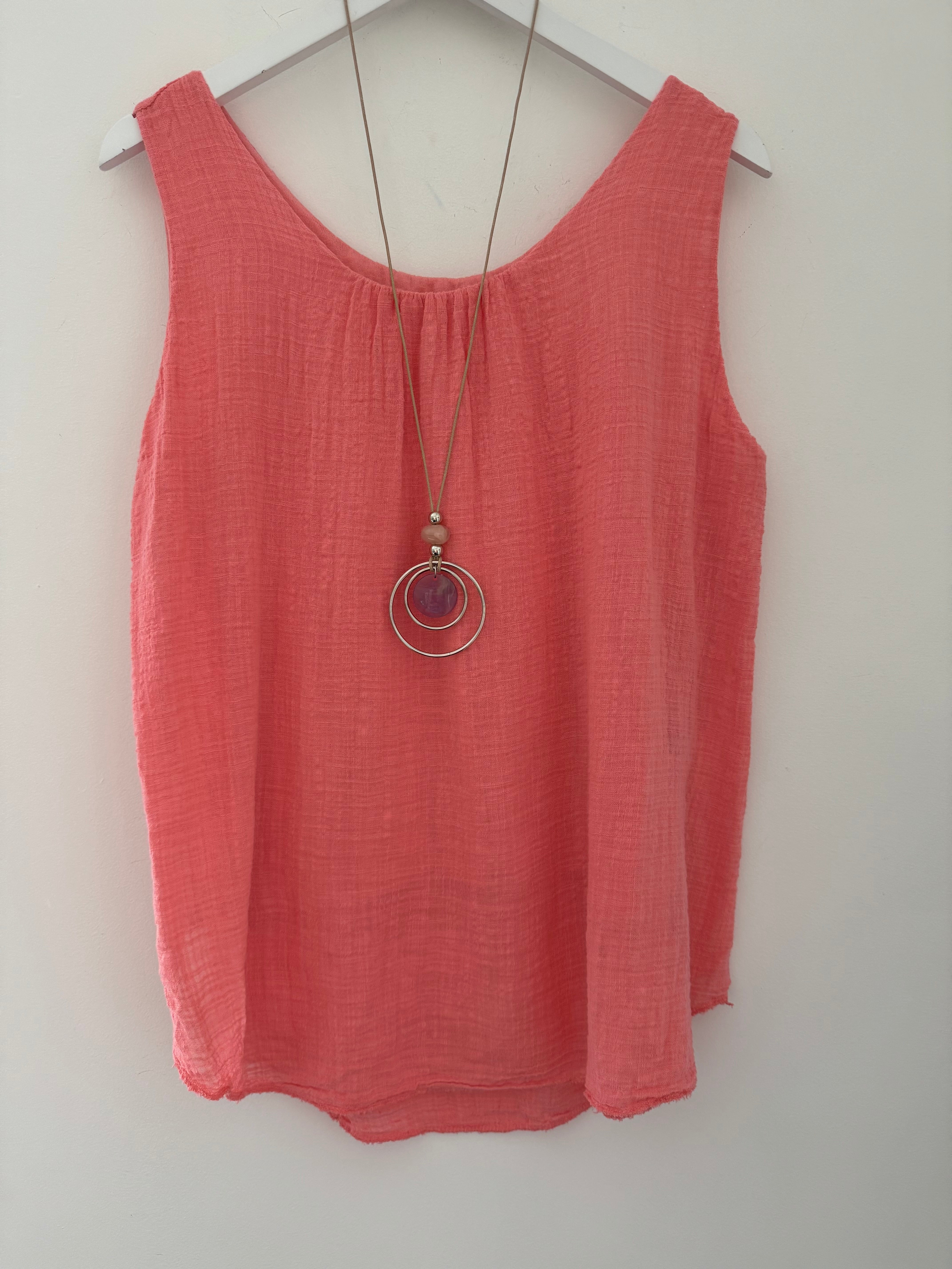 Cotton Top with Necklace in Coral