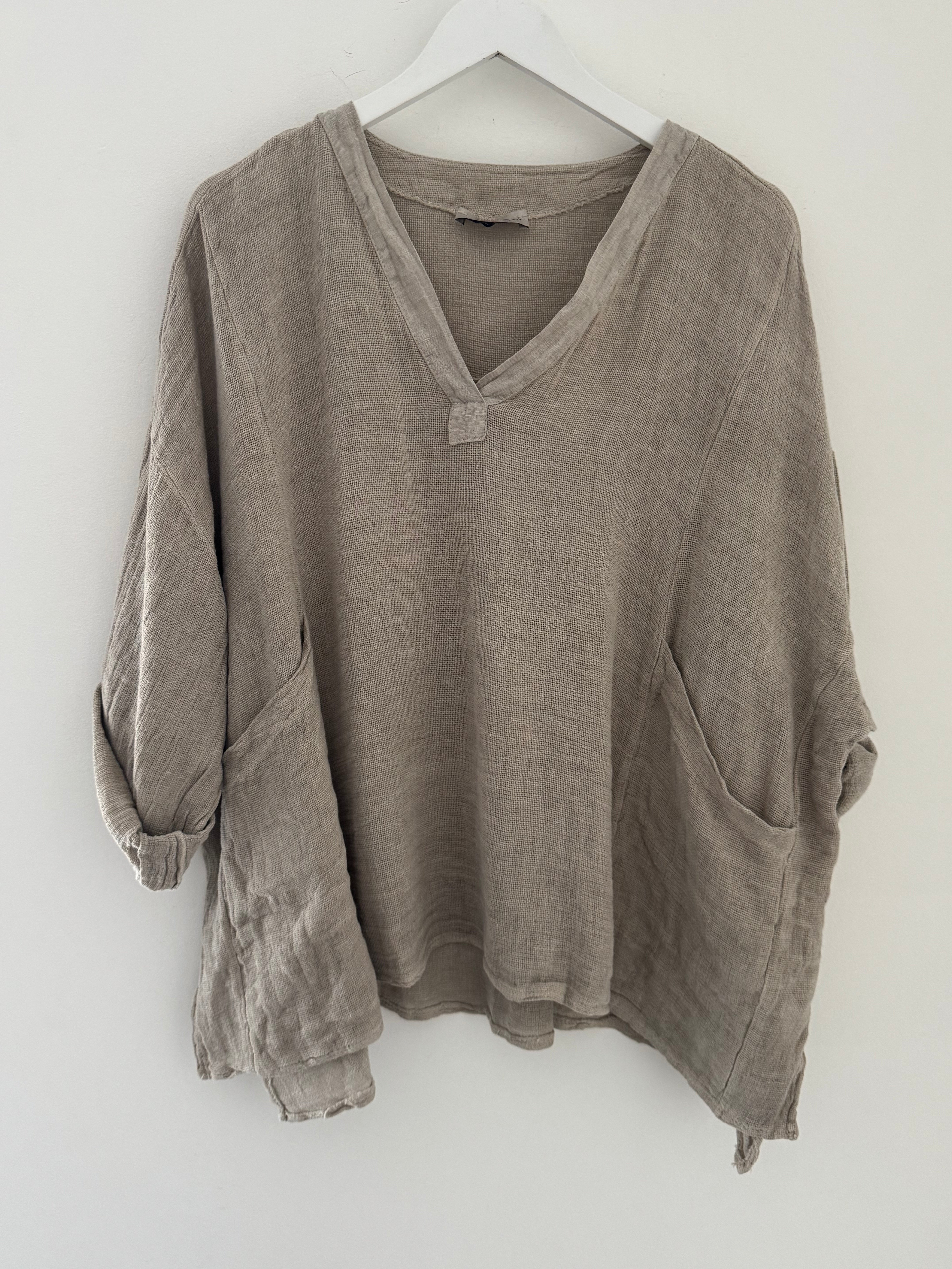 Oversized Linen & Cotton Pocket Top in Light Mocha