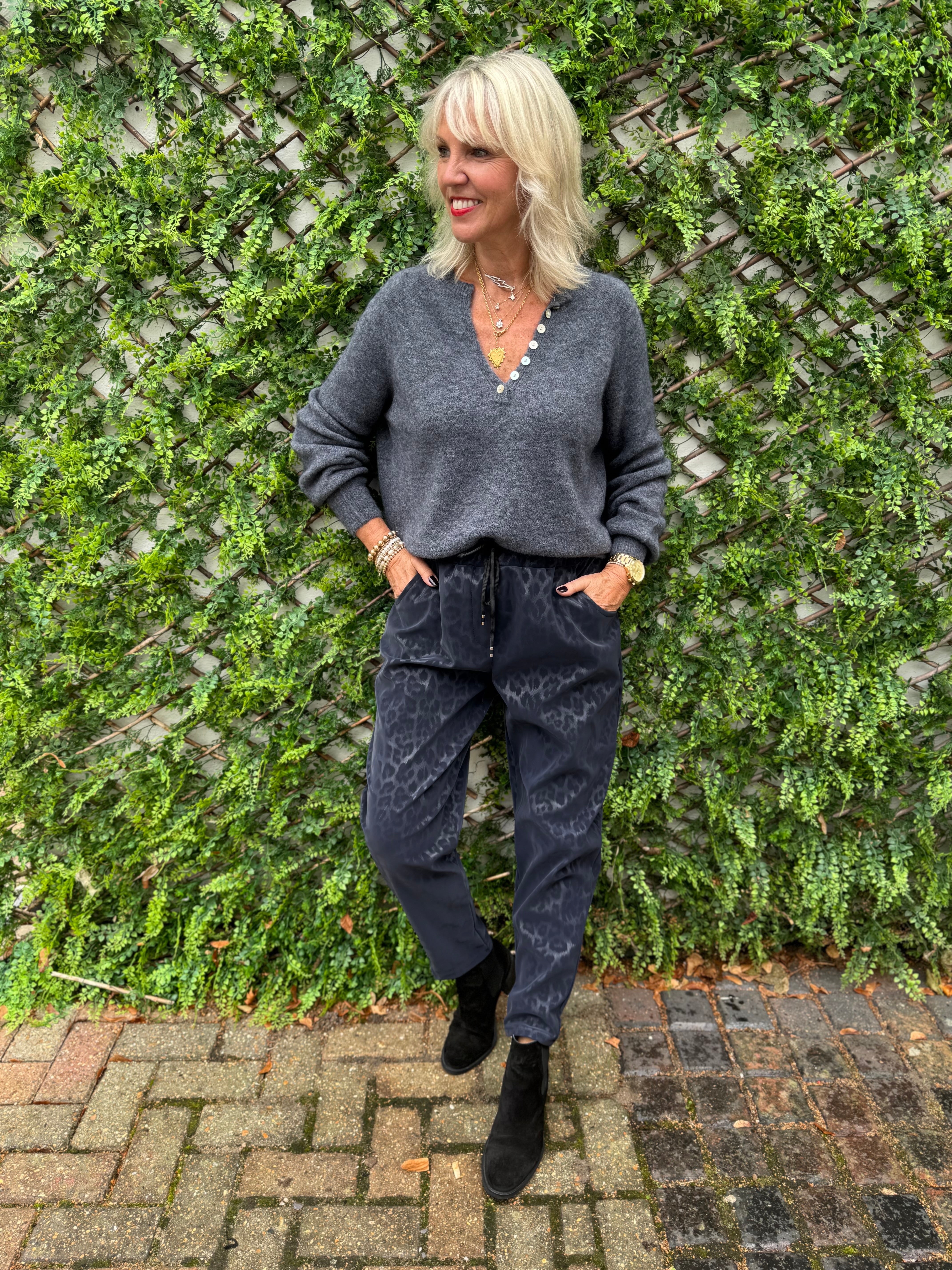 Faux Leather Leopard Print Joggers in Ink