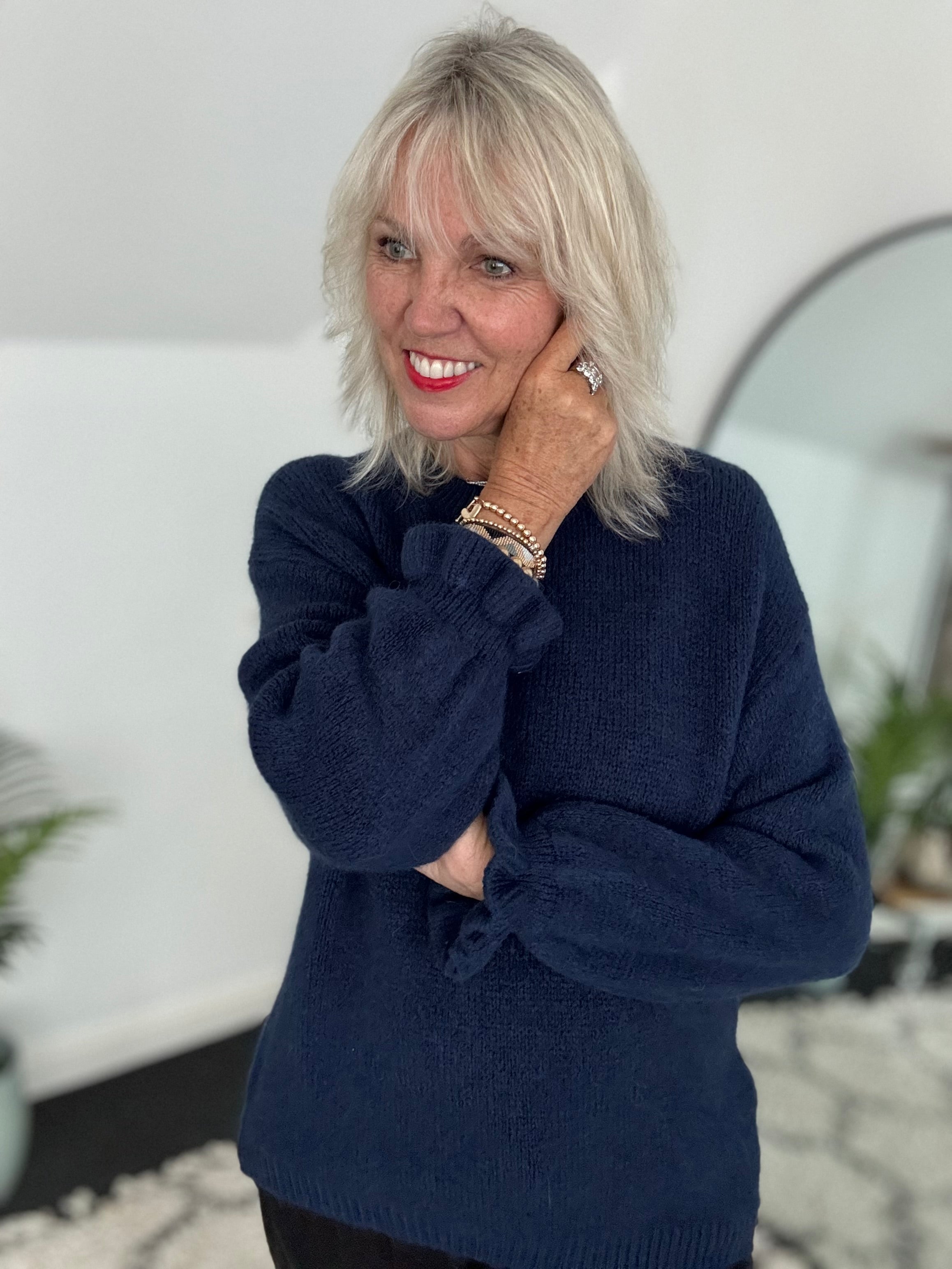 Alpaca Jumper with Frill Cuffs in Navy