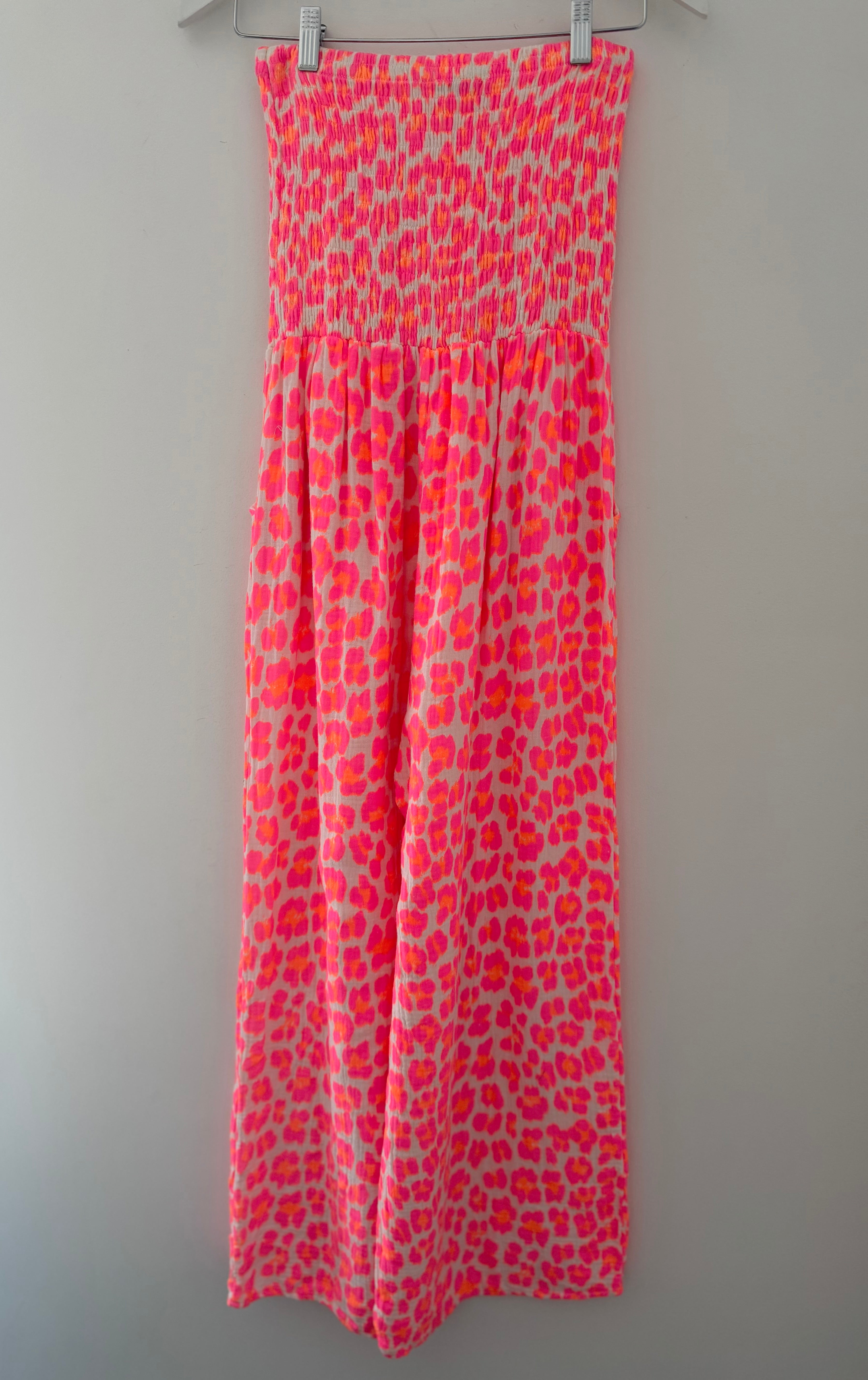 Bandeau Cheesecloth Jumpsuit in Neon Pink & Orange Leopard