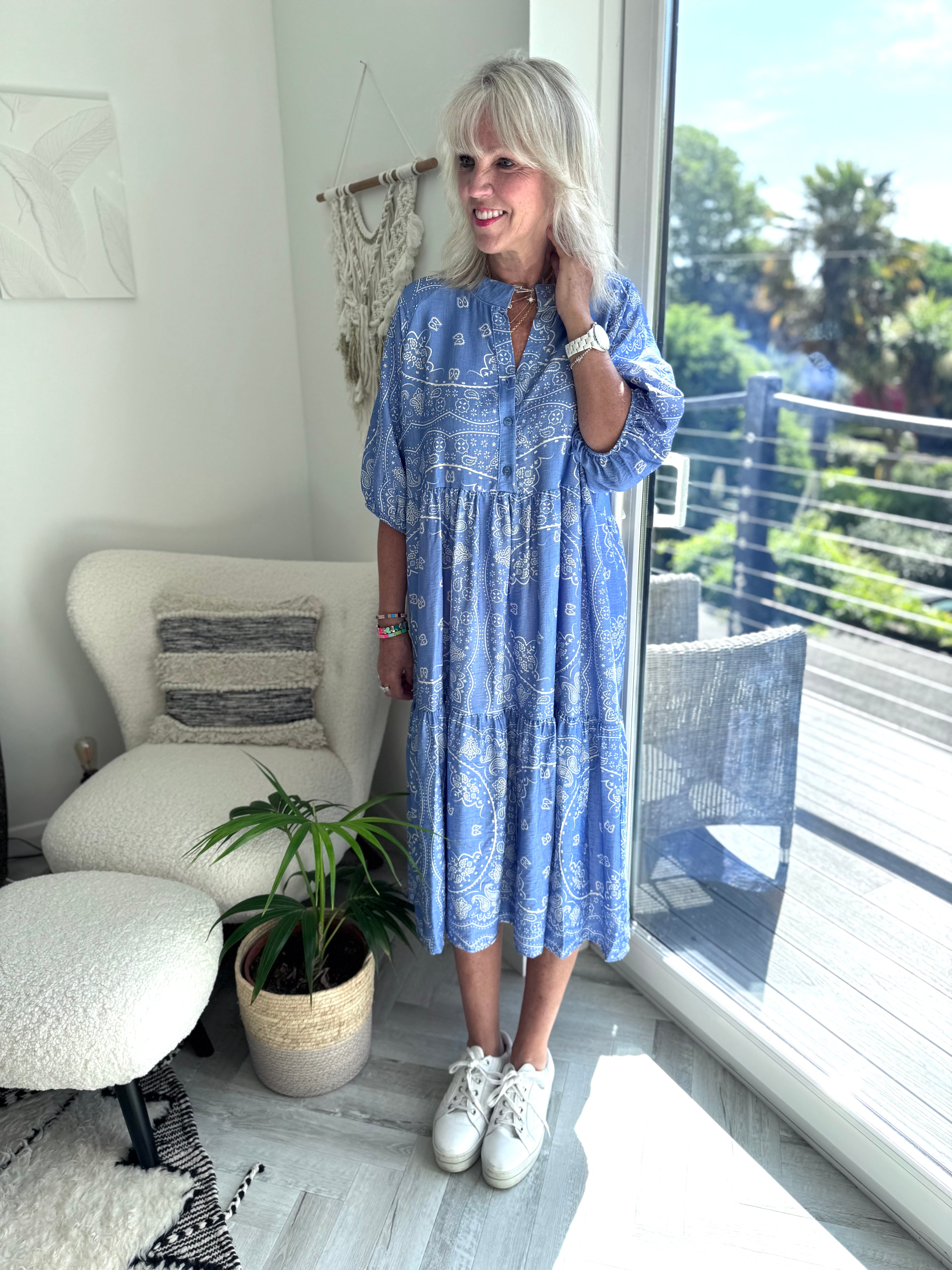 Designer Paisley Tiered Dress in Blue & White