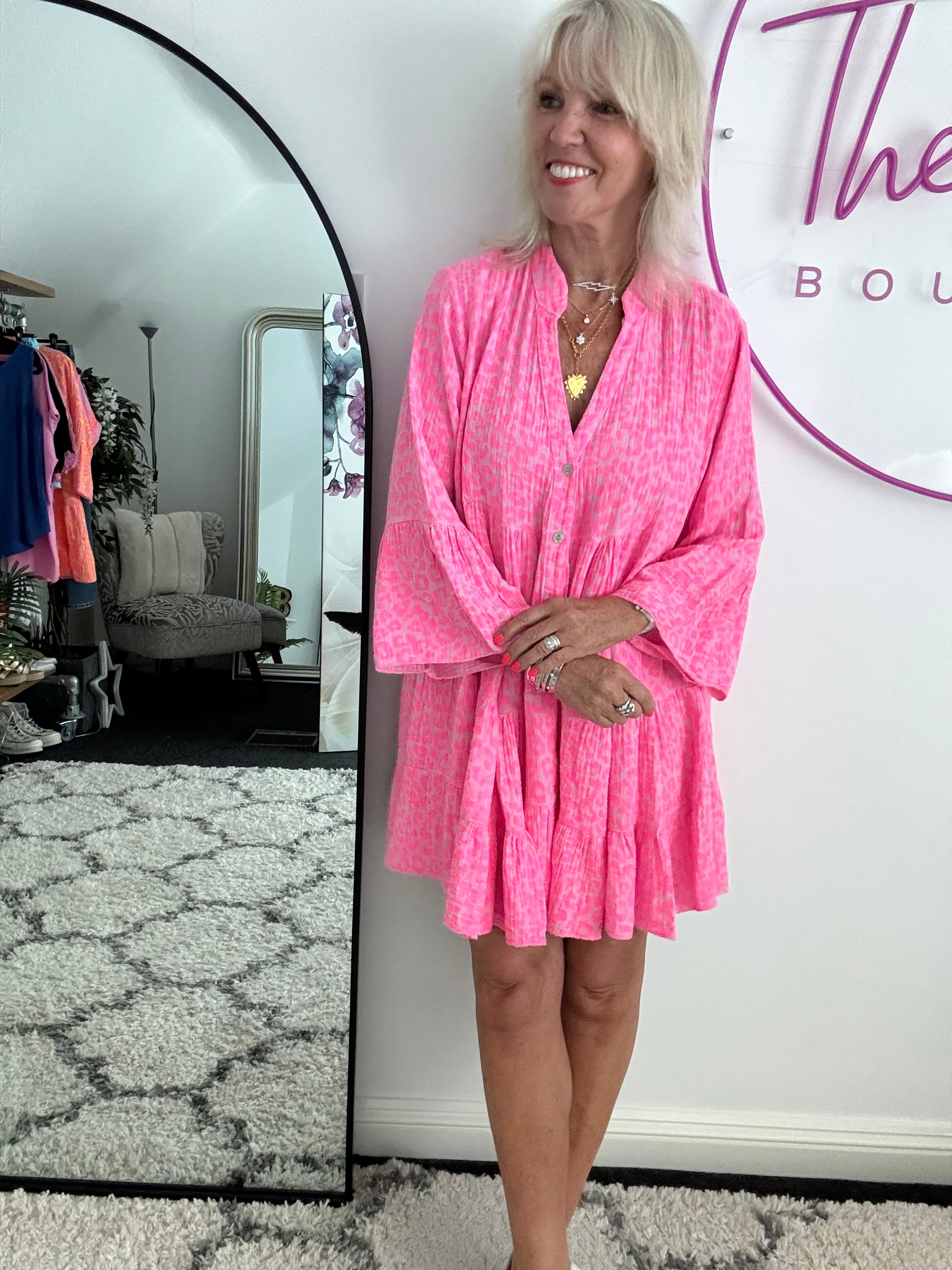 Cheesecloth Tiered Dress in Hot Pink Leopard