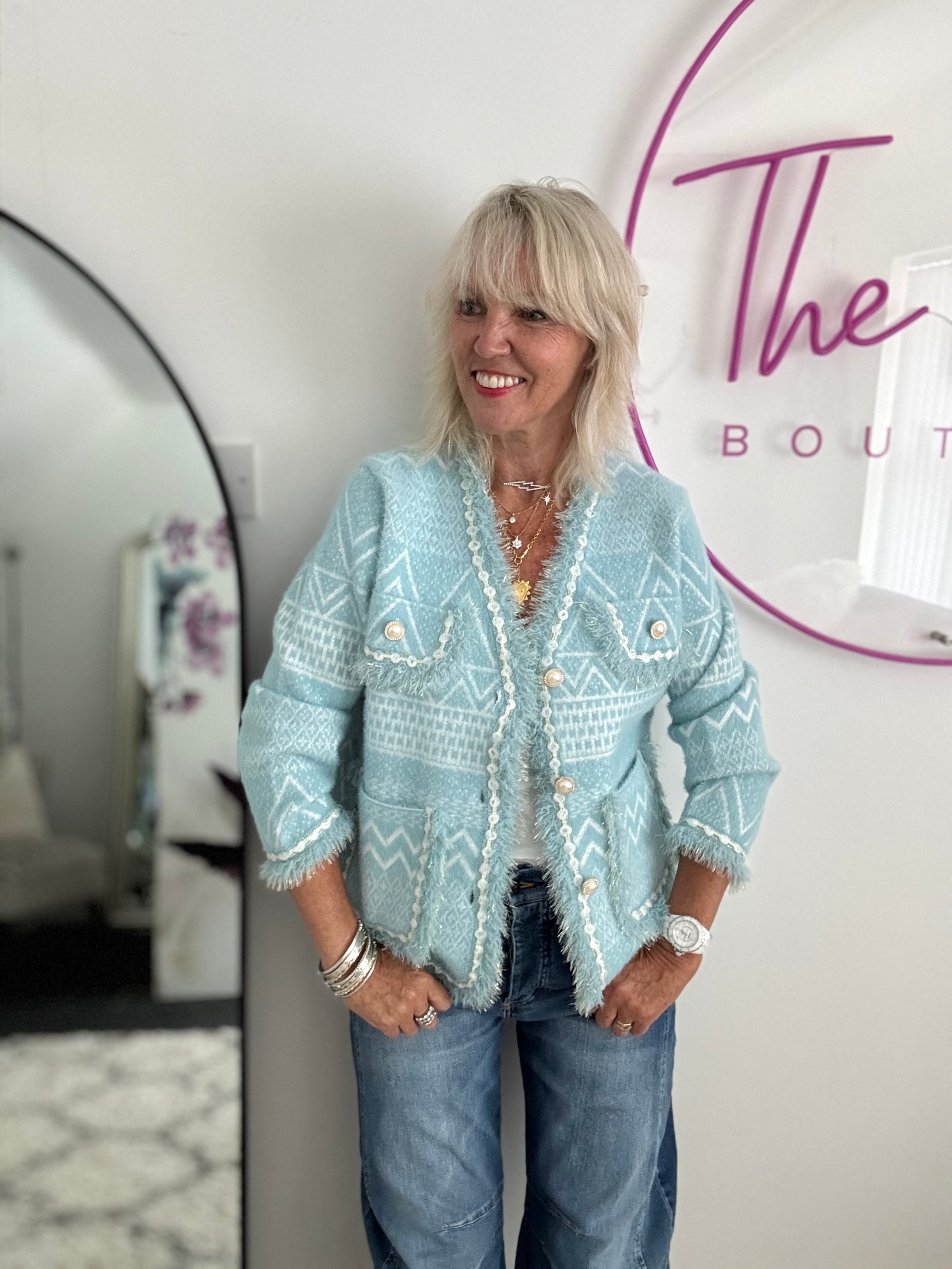 Pearl Button & Tweed Cardi Jacket in Tiffany Blue