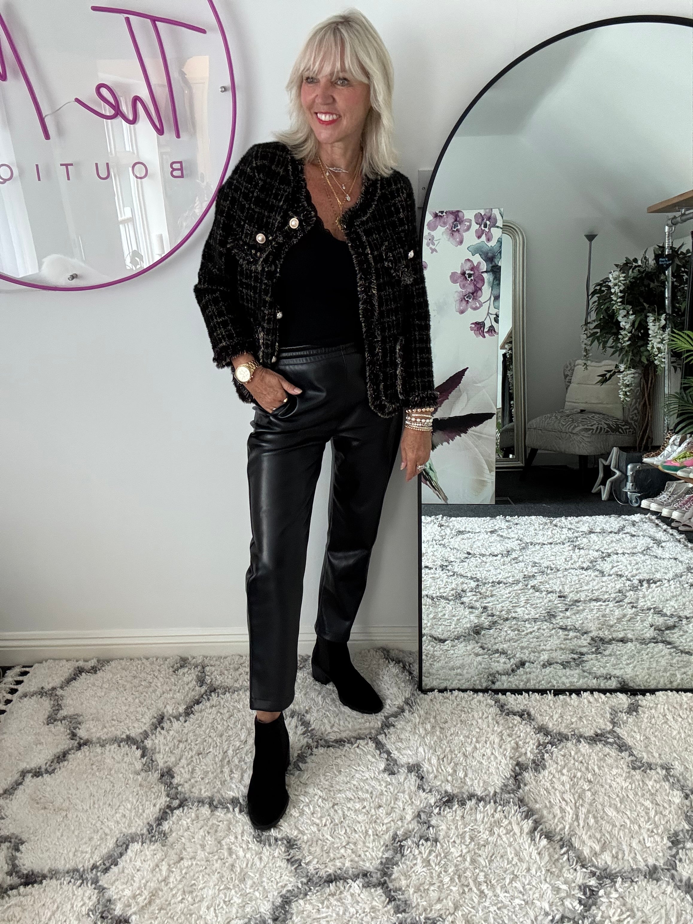 Pearl Button & Tweed Cardi Jacket in Black