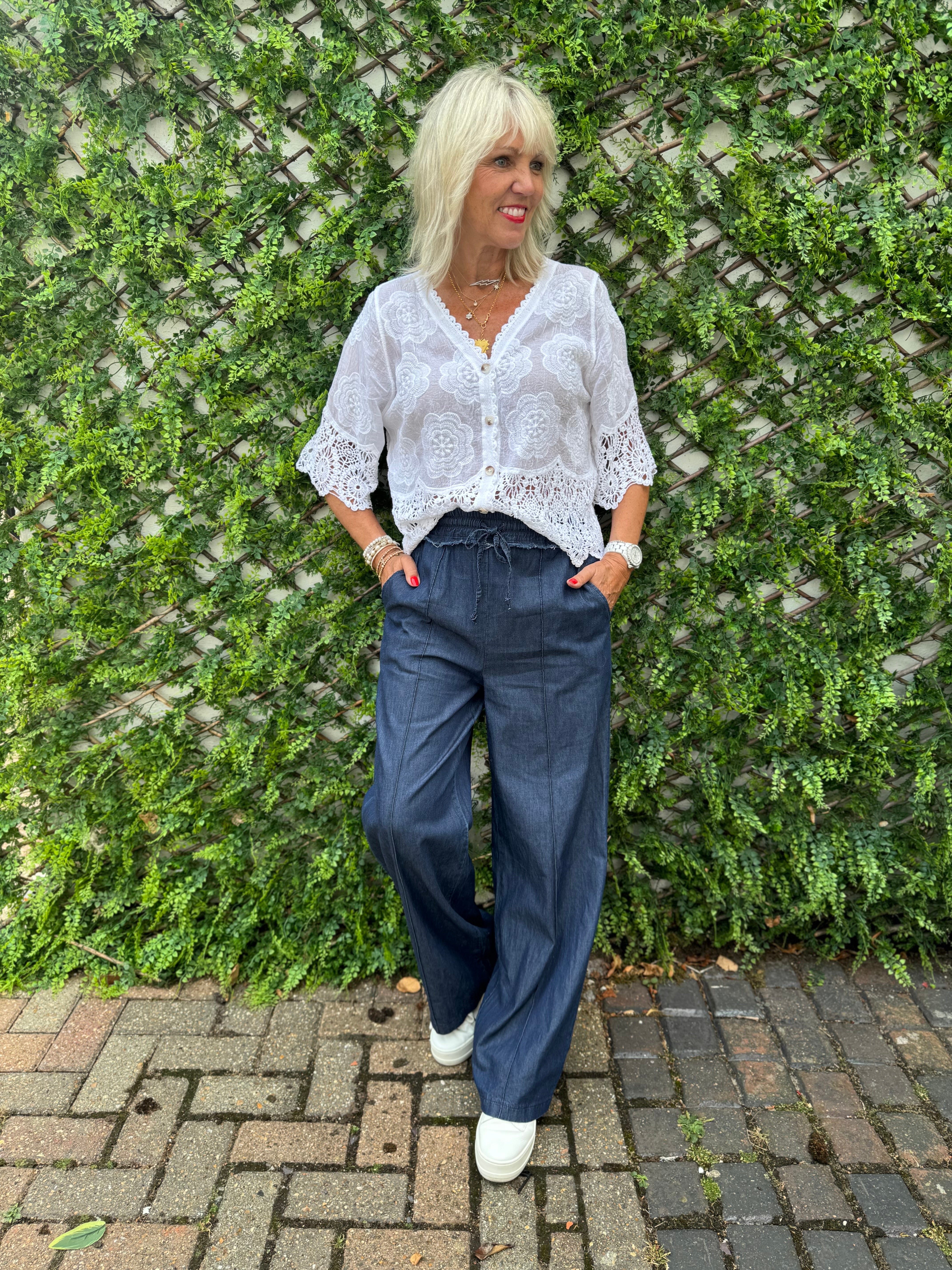 Boyfriend Trousers in Dark Denim Chambray