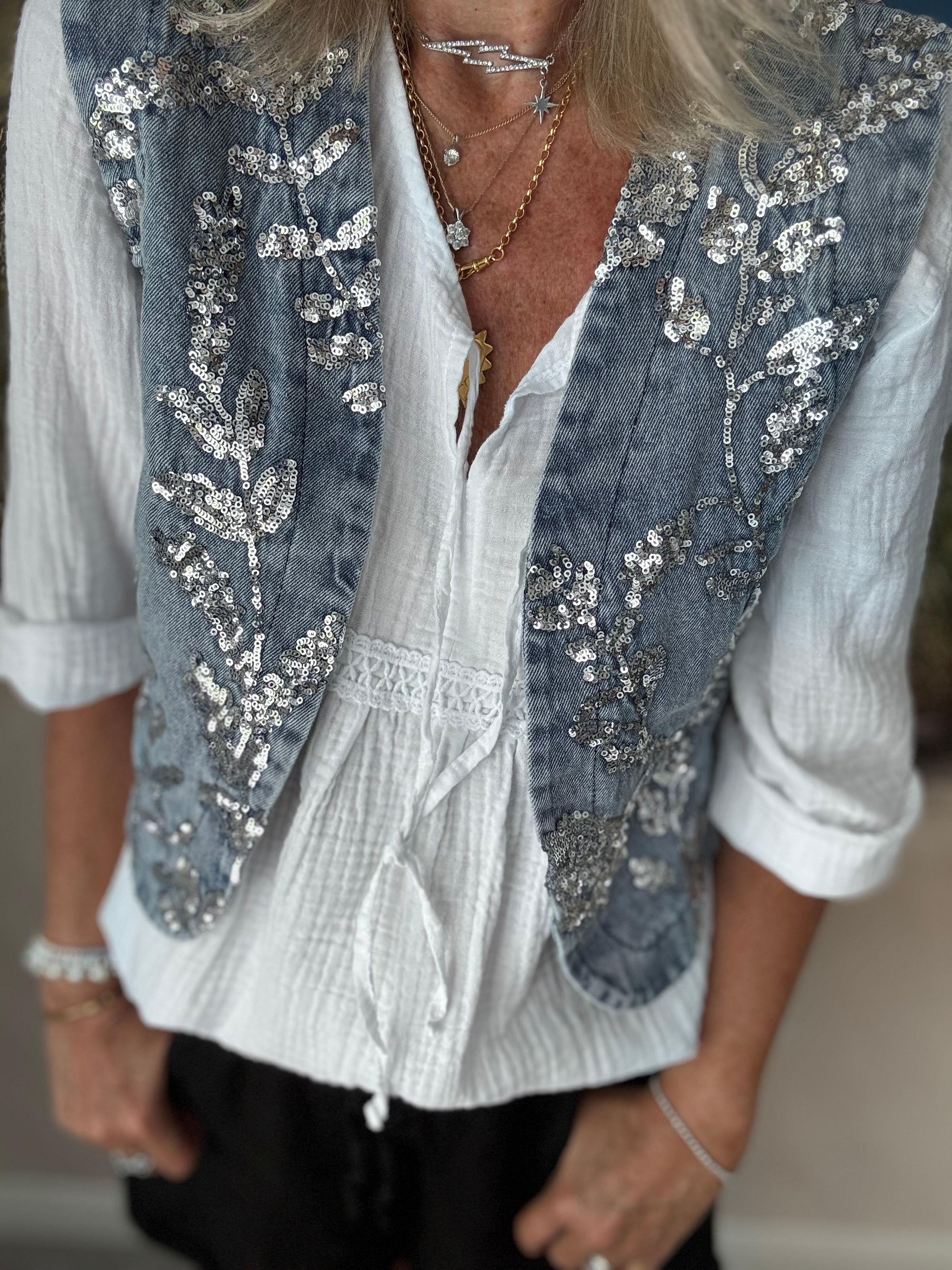 Denim Waistcoat with Sequin Detail