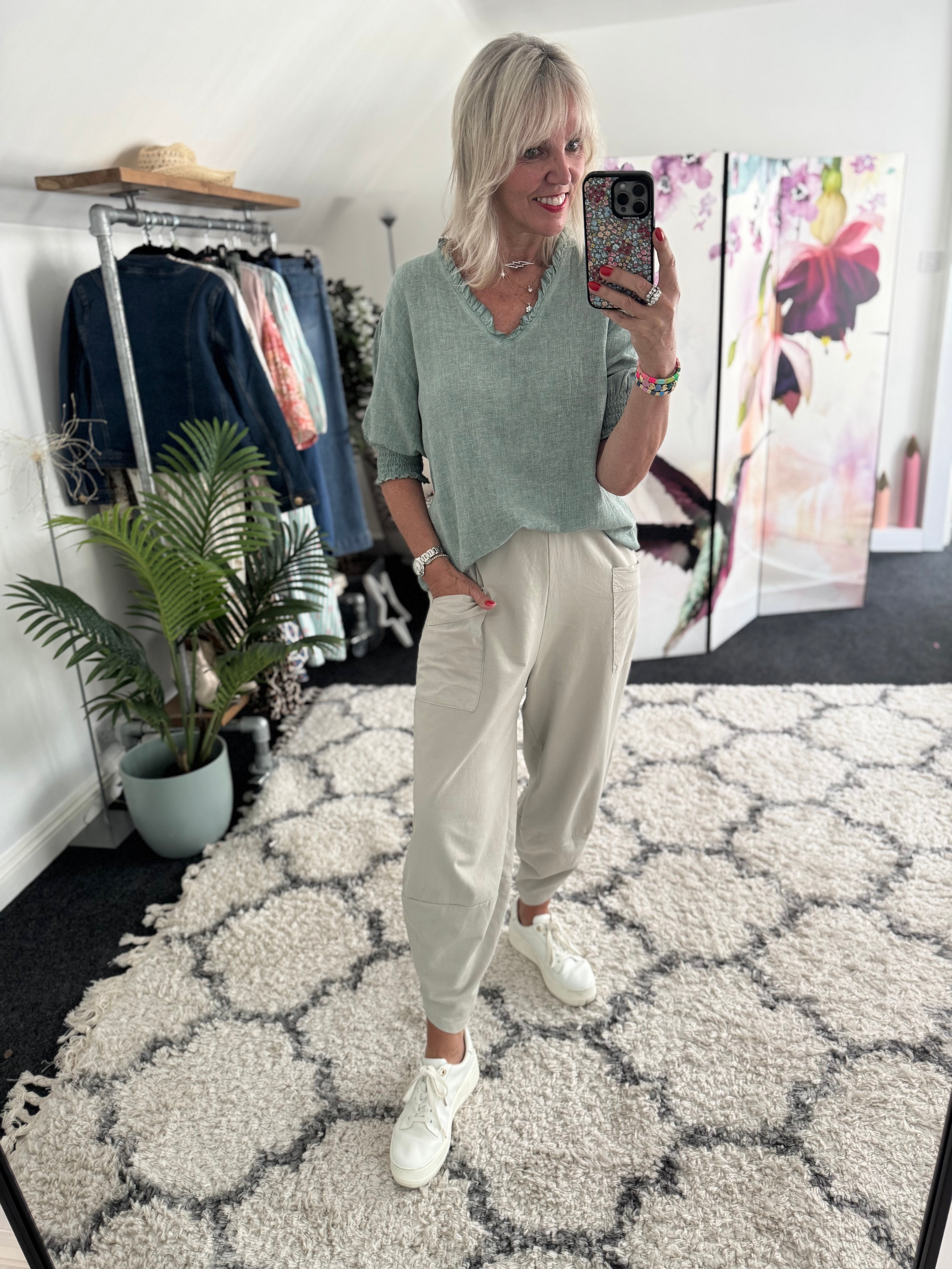 Barrel Shape Cotton Jersey Trousers in Stone