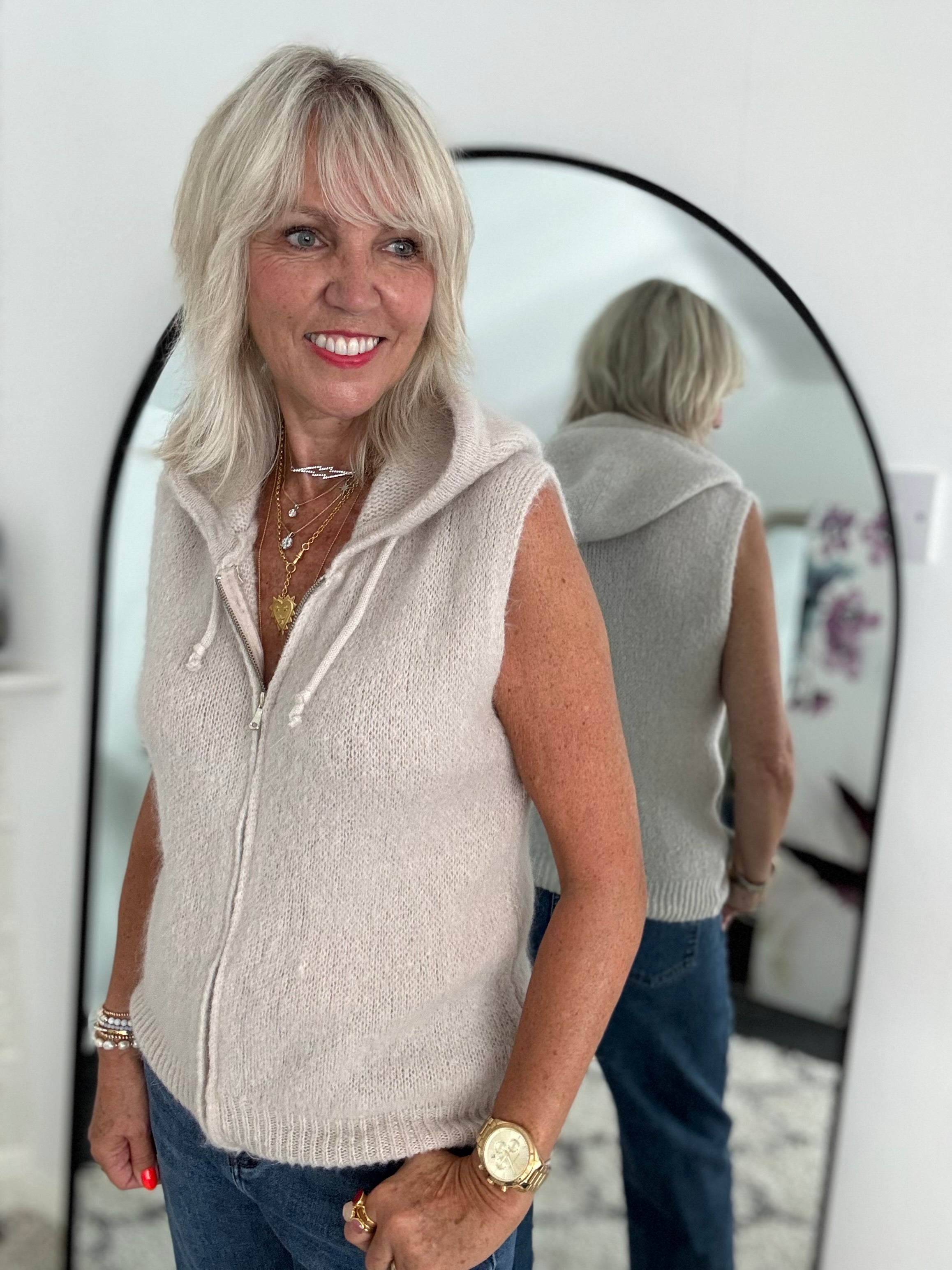 Hooded Mohair Gilet in Stone