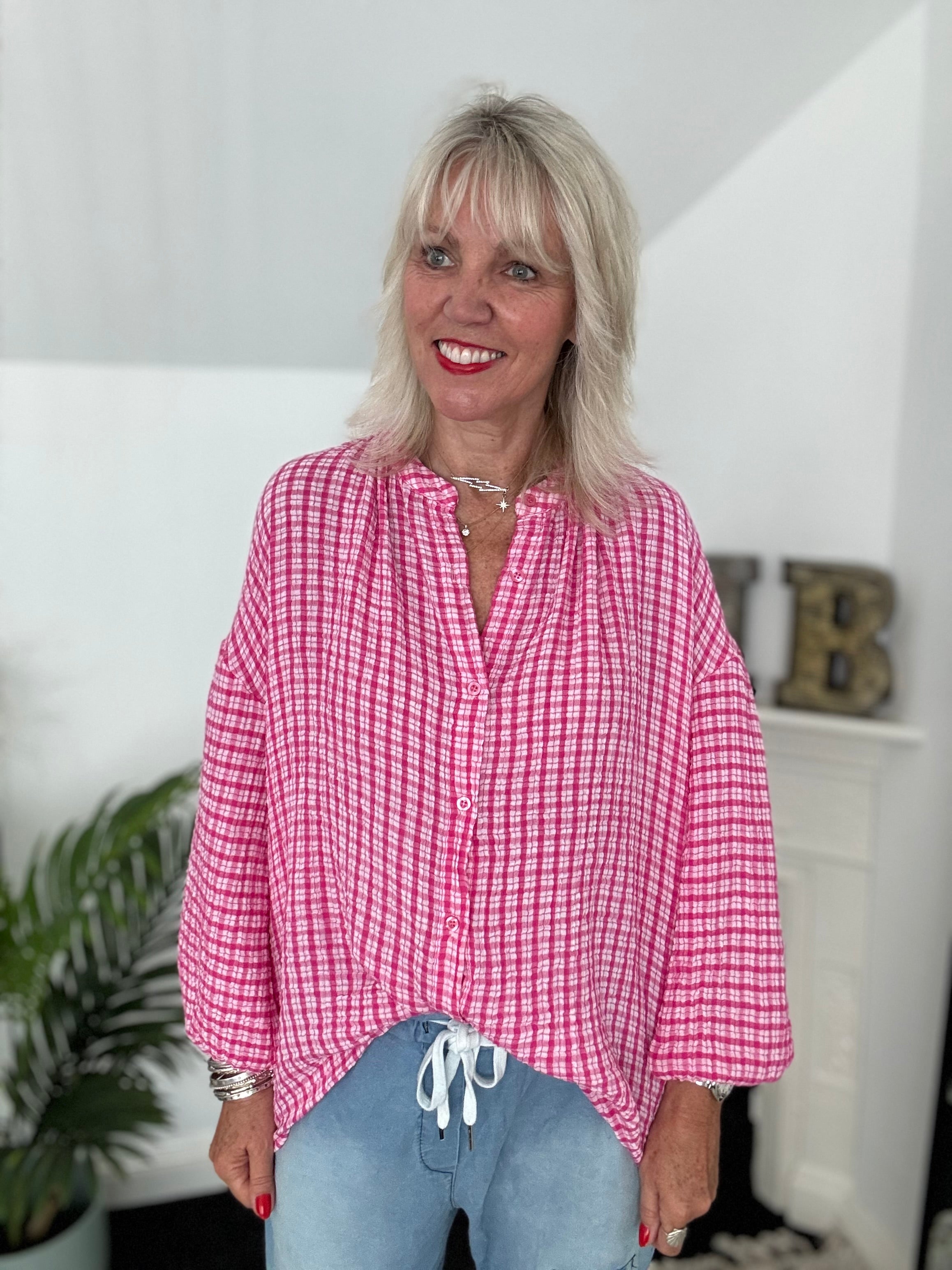 Gingham Seersucker Blouse in Raspberry