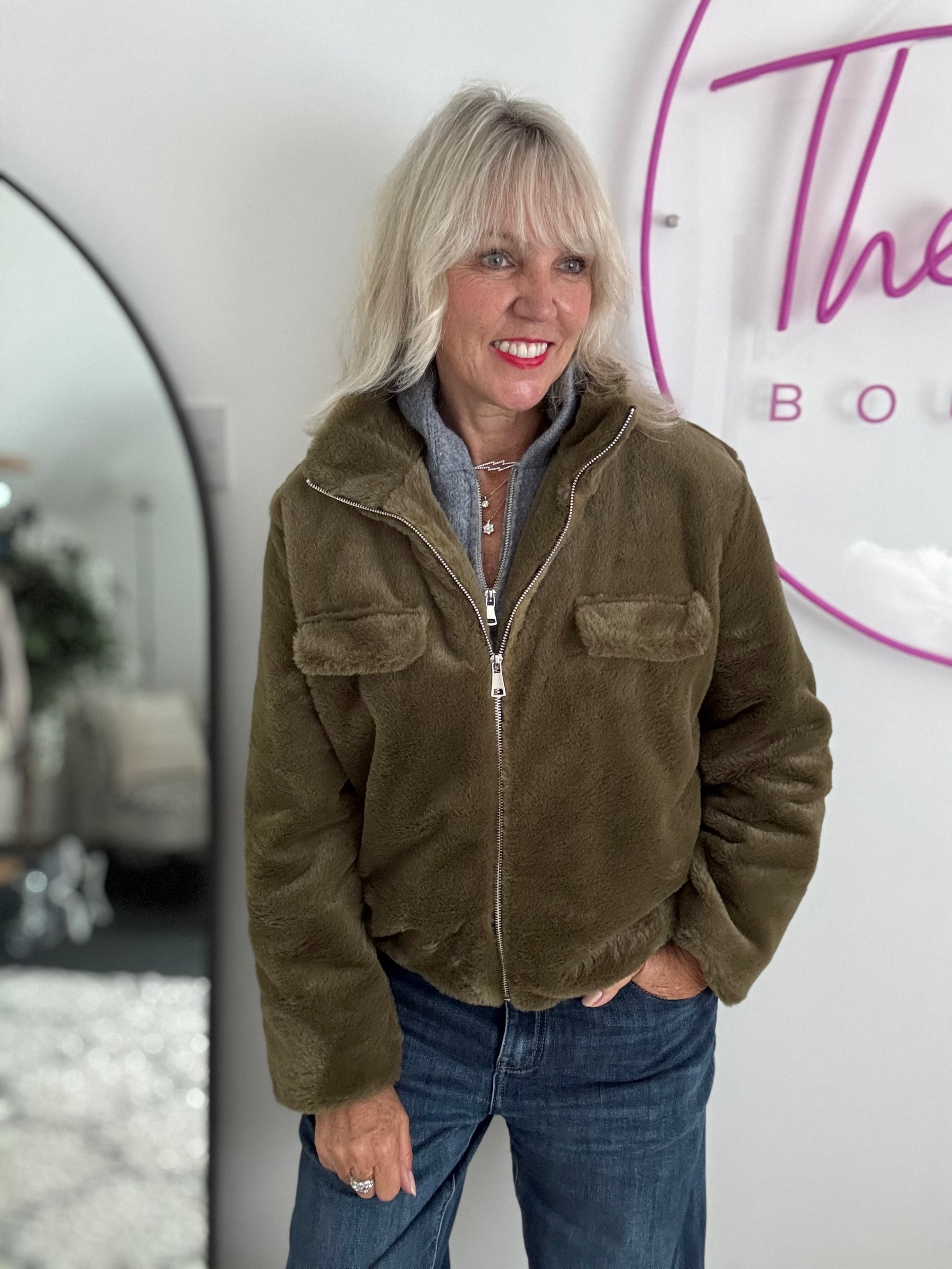Faux Fur Jacket in Khaki